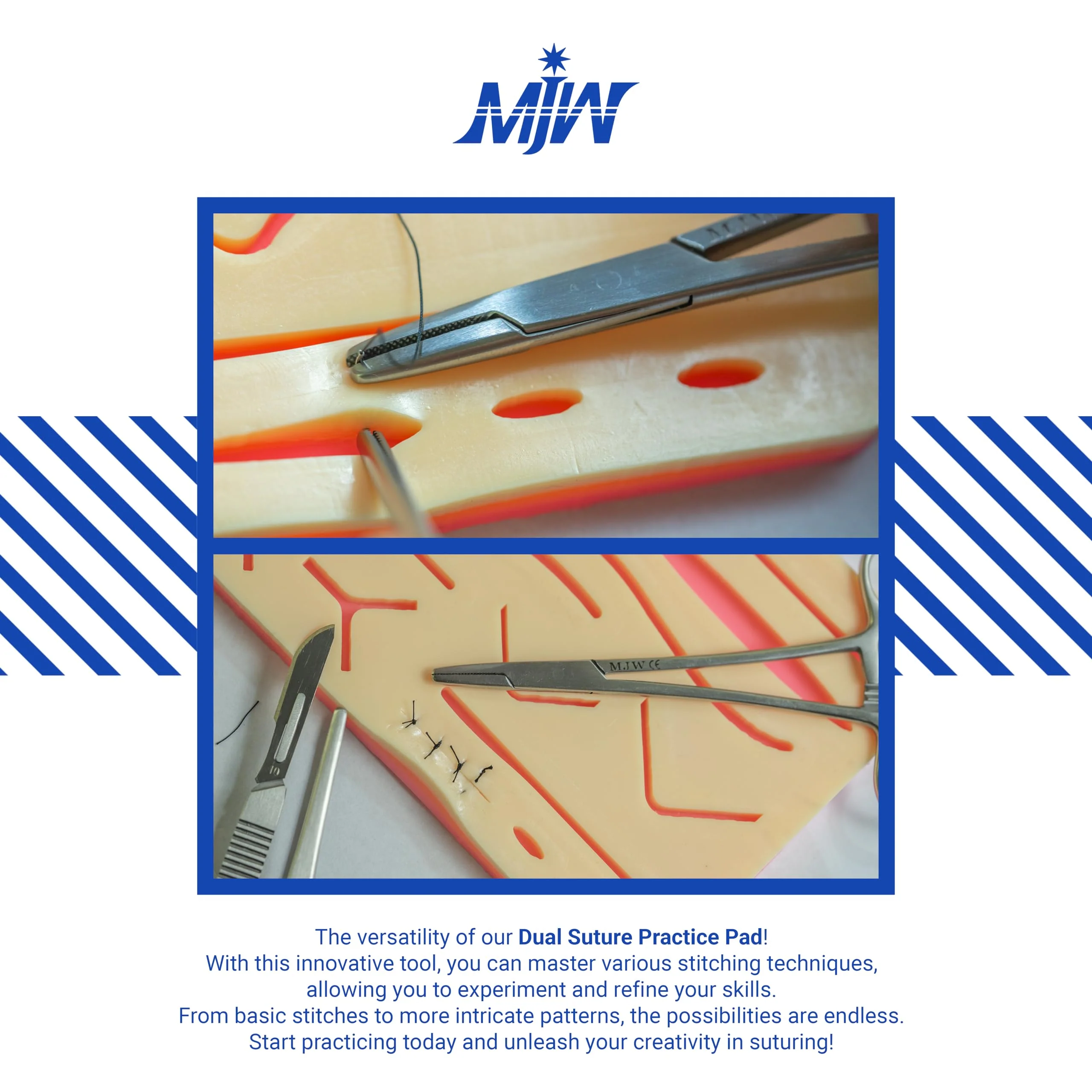 MJW Dual Seam Practice Pad - Two in One Seam Pad, 3 Layers, 14 Pre-Cut Wounds and Unadorned Silicone Skin Seam Exercise Pad of Different Styles - Ideal for Students Suture Training Dual Pad - Image 6