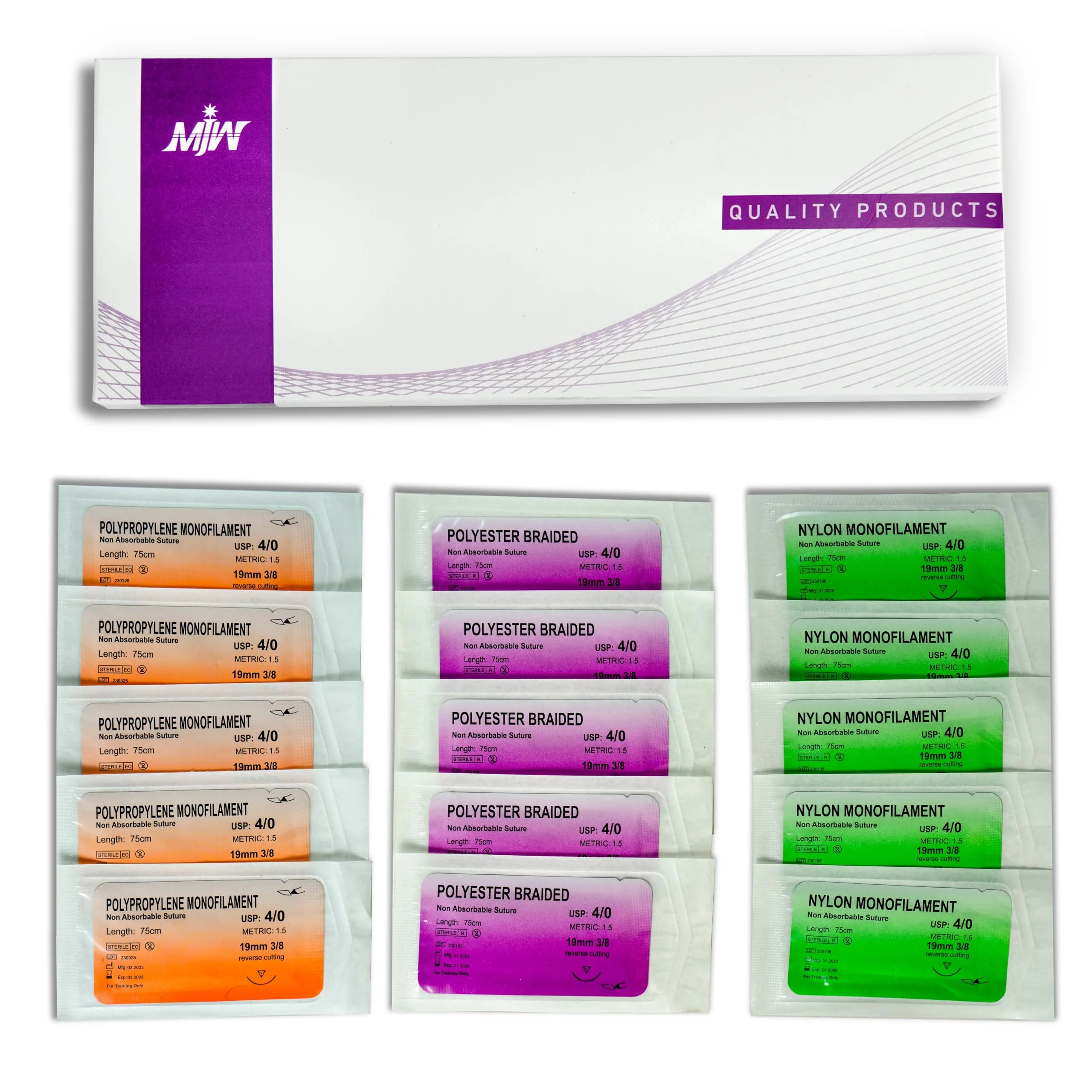 MJW Suture Threads - Pack of 15, Ideal Suture Practice Thread for Medical and Veterinary Medicine Students, Suture Practice - 4/0 Braided and Monofilament Practice Seams