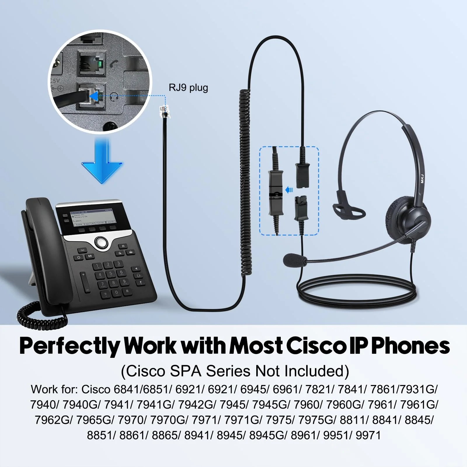 MKJ Cisco Headset Noise Canceling Wired Headphones with Microphone Corded RJ9 Telephone Headset for Cisco Office Phones CP-7821 7940 7942G 7945G 7961G 7962G 7965G 7971G 7975G 8865 9951 Basic Mono Headset - Image 6