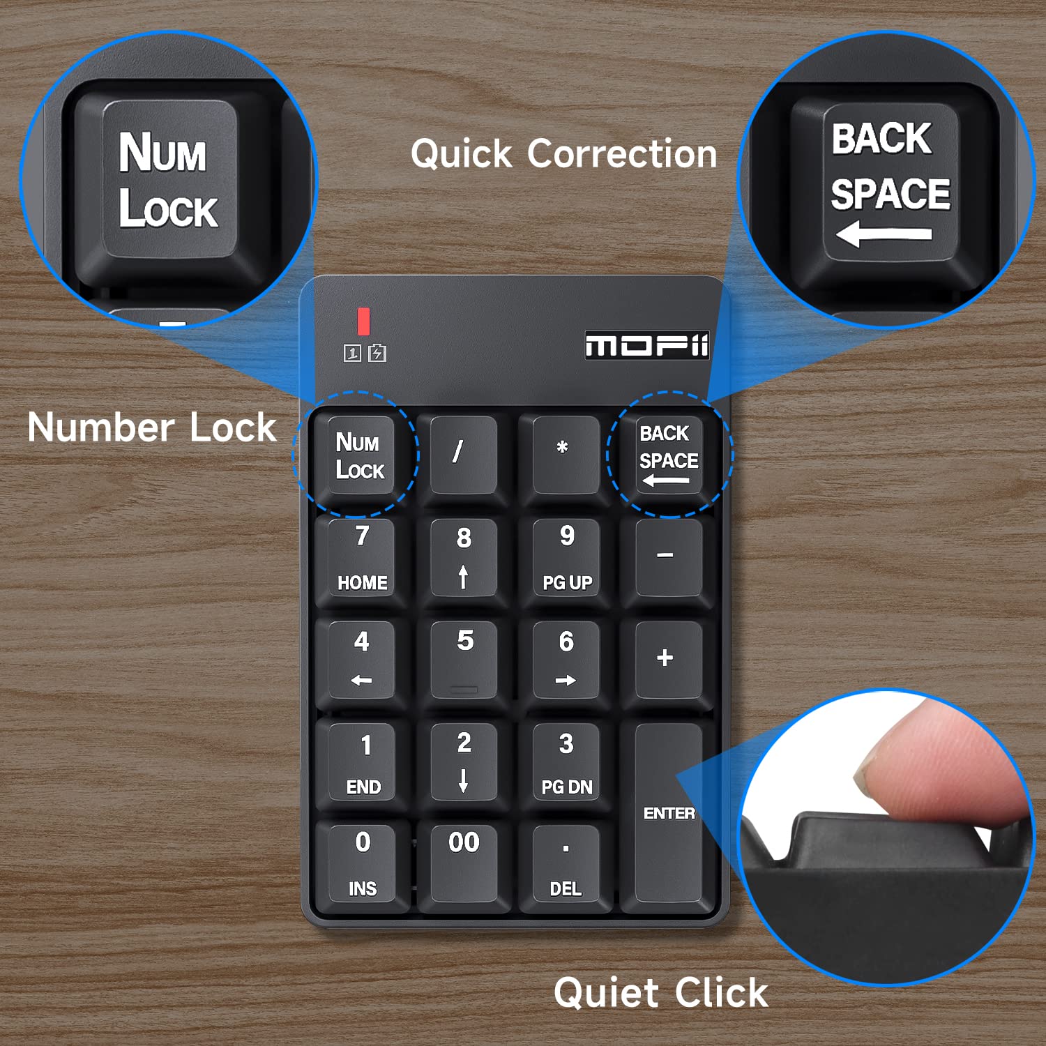 MOFII Bluetooth 5.1 Number Pad Wireless Numeric Keypad Silent 19 Keys USB Keypads, Portable Financial Accounting Numpad 10 Key for Laptop/Notebook/Surface Pro/PC - Black Bluetooth Ink Black - Image 5