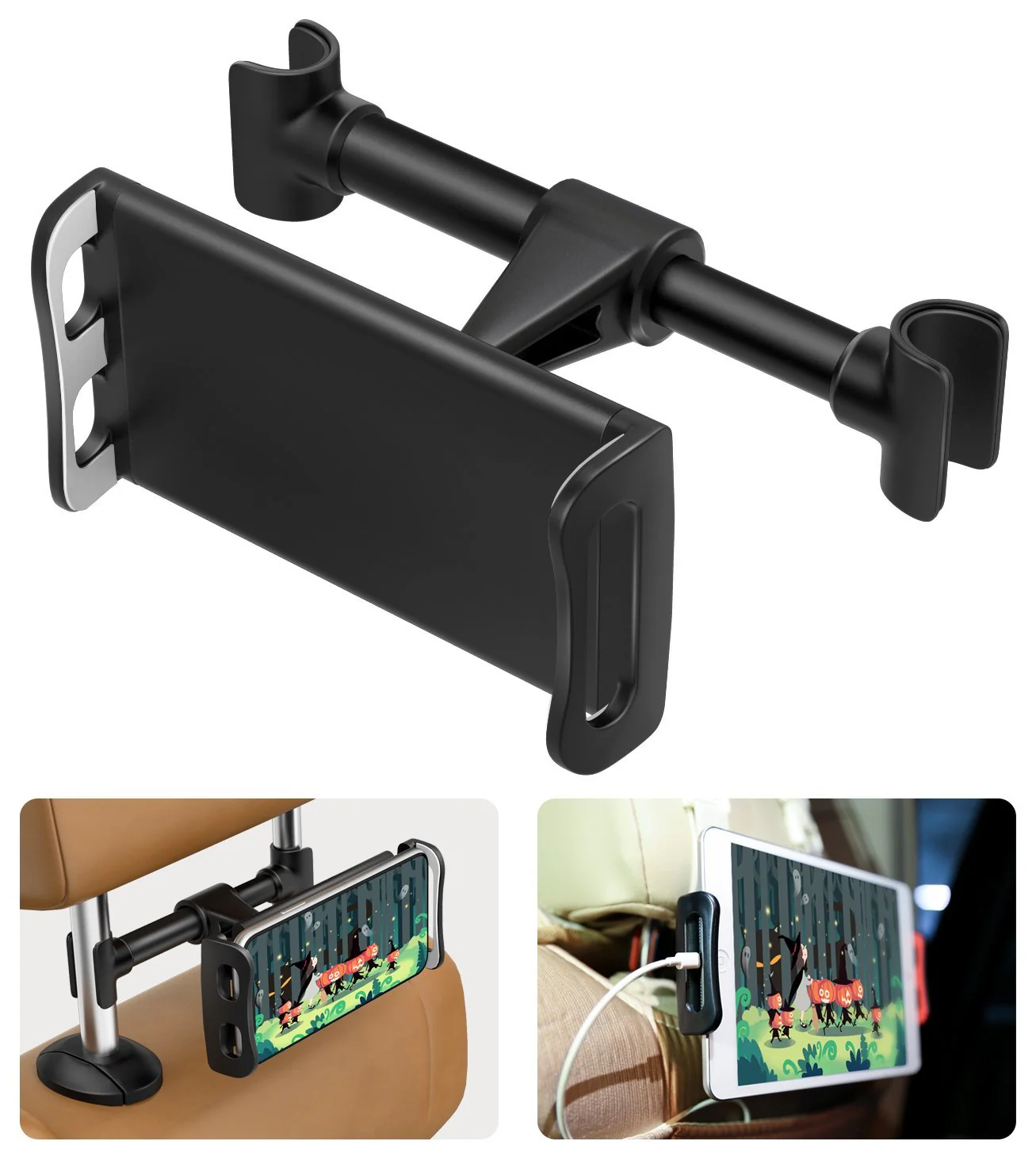 MoKo Headrest Phone/Tablet Car Mount, Adjustable Tablet Holder for 4-11" Devices, Fit with 12 Pro Max / 12 Mini/ 11 Pro Max, iPhone SE, iPad Pro 11, Air 4 3, iPad 7th 8th 10.2, Galaxy S20 6.2" - Black
