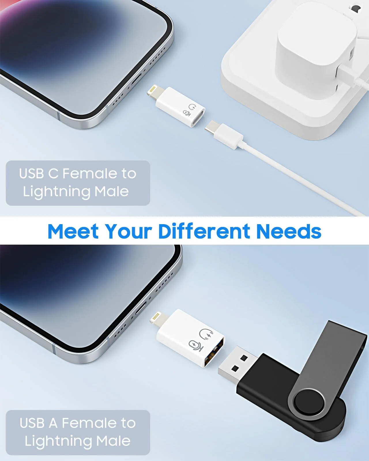 MoKo USB C Female to Lightning Male Adapter, Lightning Male to USB-A Female OTG Adapter Connector for iPhone 14/13/12/11 Pro Max/iPad/iPod/AirPods, Support 10W Fast Charging/Data Transfer/Audio White - Image 2