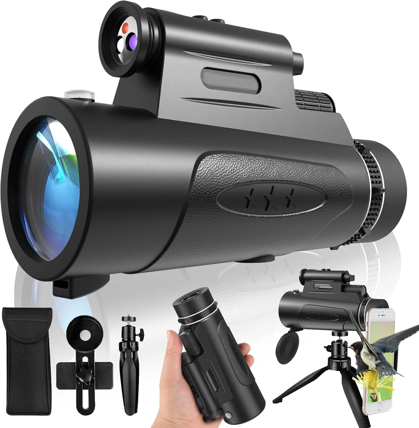 Monocular Telescope with Lights HD Monoculars 80x100 for Adults High Powered Monocular for Hunting with Smartphone Holder & Tripod, Handheld Telescope Suitable for Bird Watching Stargazing-Black Black