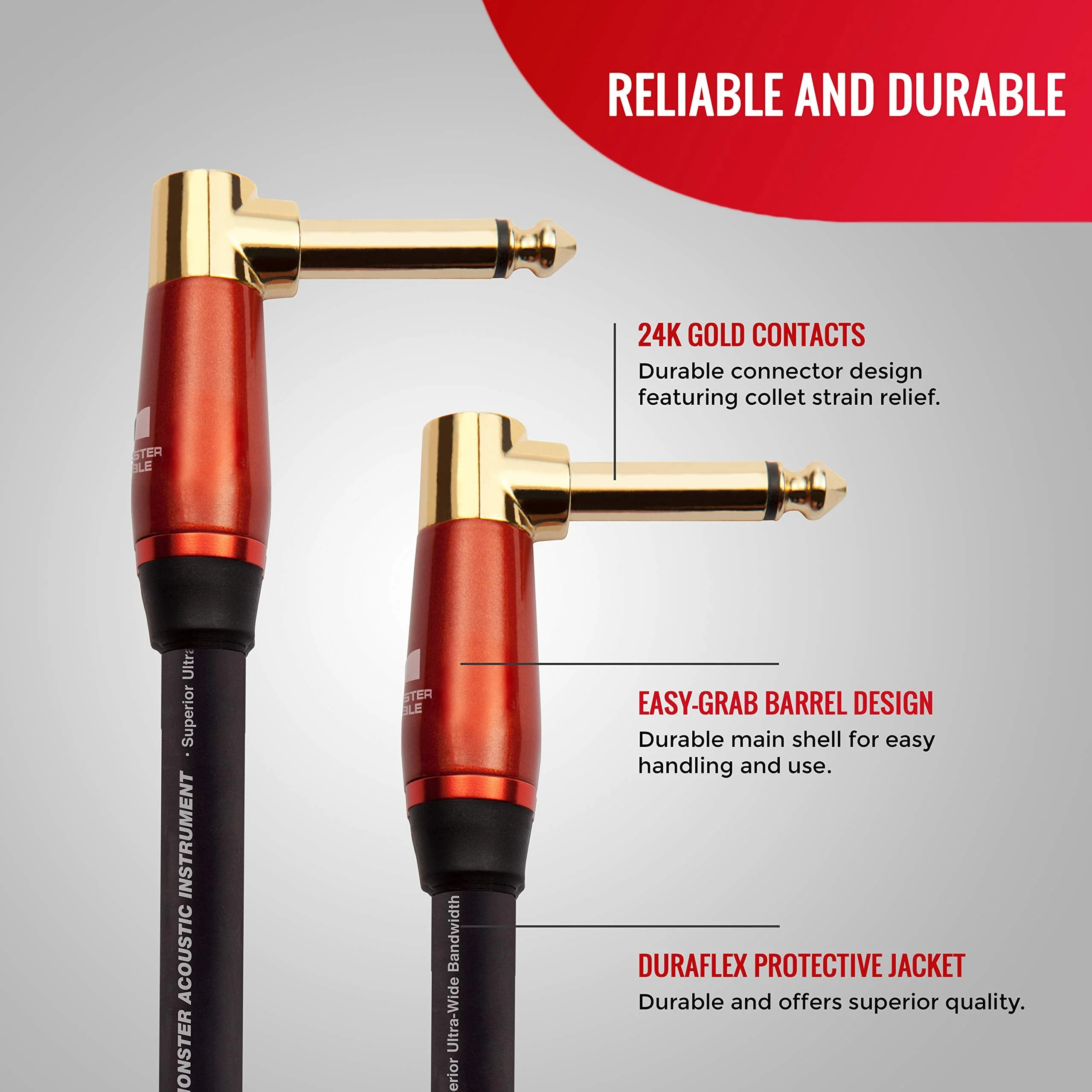 Monster Prolink Acoustic Instrument Cable. 8 in Guitar Cable. Right Angle to Right Angle Monster Cable w/ Superior Delivery Speed. Rich & Clean Sound Monster Cord. Monster Instrument Cable - Image 2