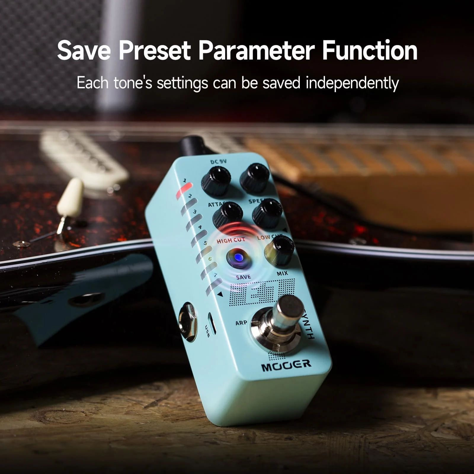 MOOER E7 Polyphonic Guitar Synth Pedal Electronic Synthesizer, 7 Guitar Synthesizer Tones with Individual Arpeggiator And 7 Preset Slots, High/Low Frequency Cut, Attack, Speed Function E7 Synth - Image 5