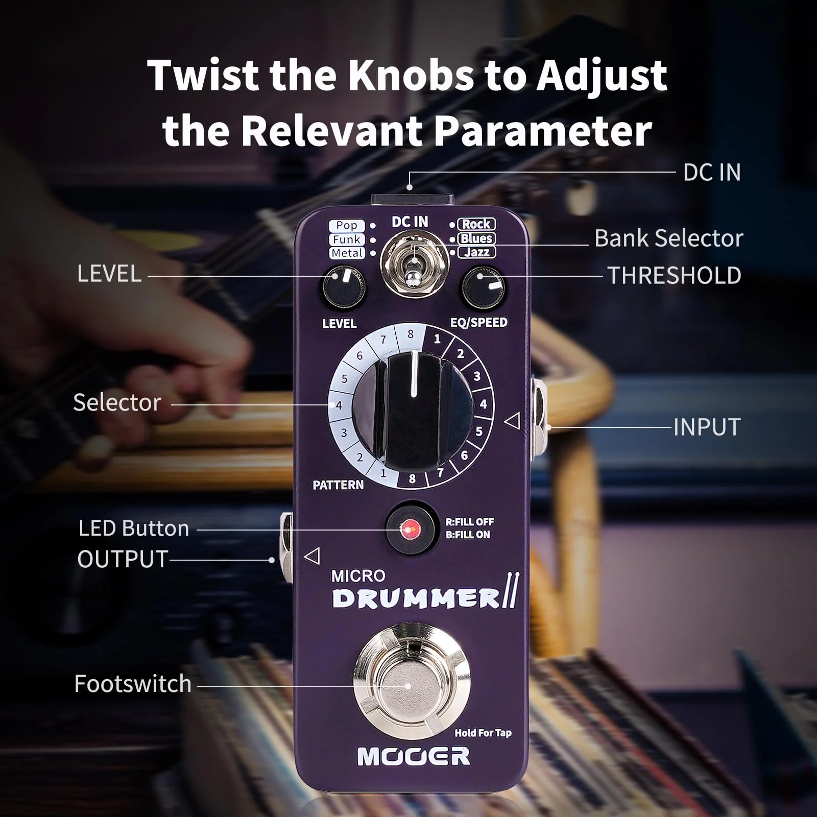 MOOER Micro Drummer II Guitar Drummer Pedal Drum Machine Effect with FILL Function, 48 Drum Grooves, and 6 Music Style Per 8 Different Rythem, With EQ, Tap Tempo for Electric Guitar - Image 5