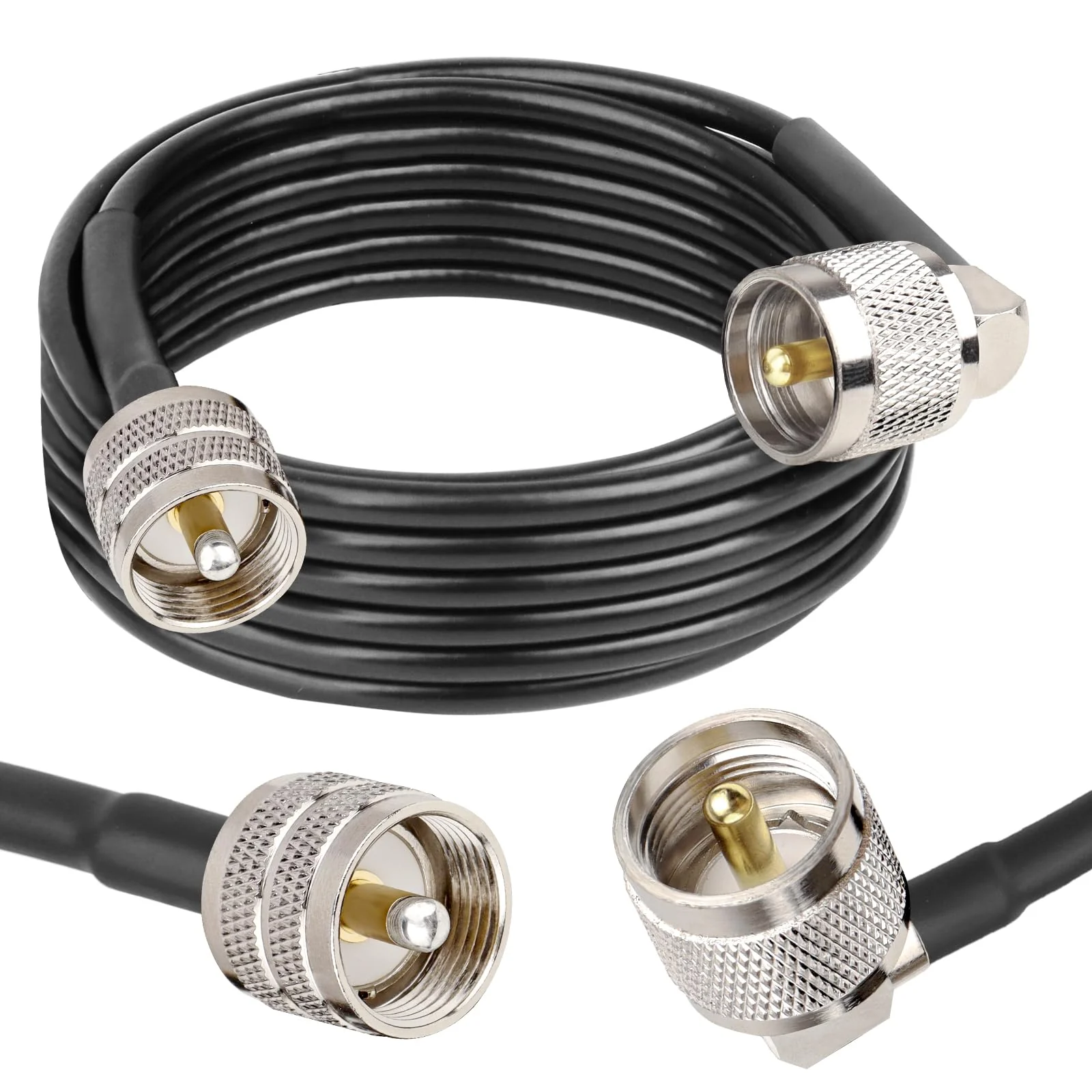 MOOKEERF CB Coax Cable - 15FT RG58 UHF PL-259 Male to Male Right Angle Low Loss Coaxial Cable for CB Radio, HAM Radio, Antenna Analyzer, SWR Meter