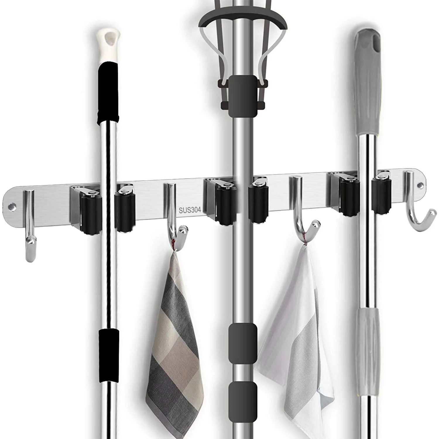 Mop Holder Stainless Steel Wall Mount Broom Tool Holder with 4 Hooks and 3 Quick Release for Home Kitchen Bathroom Garage Garden Black
