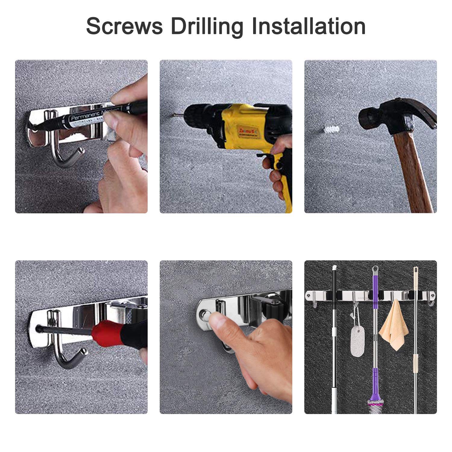 Mop Holder Stainless Steel Wall Mount Broom Tool Holder with 4 Hooks and 3 Quick Release for Home Kitchen Bathroom Garage Garden Black - Image 6
