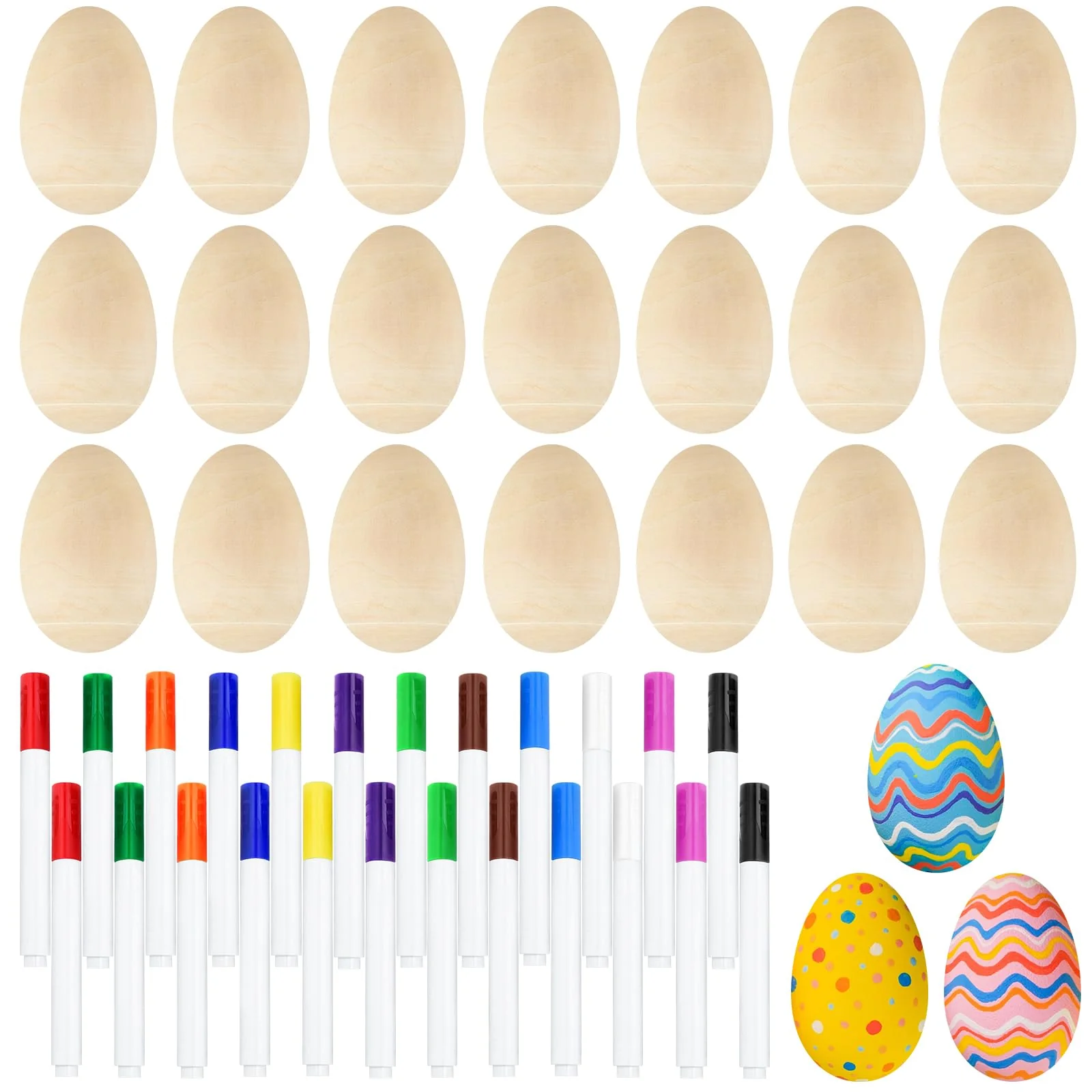Morcheiong 24 Pcs Wooden Egg Shakers, DIY Egg Shakers Musical Instruments Set with 24 Pcs Multicolor Pens, Egg Maracas Easter Egg Favors for Kids