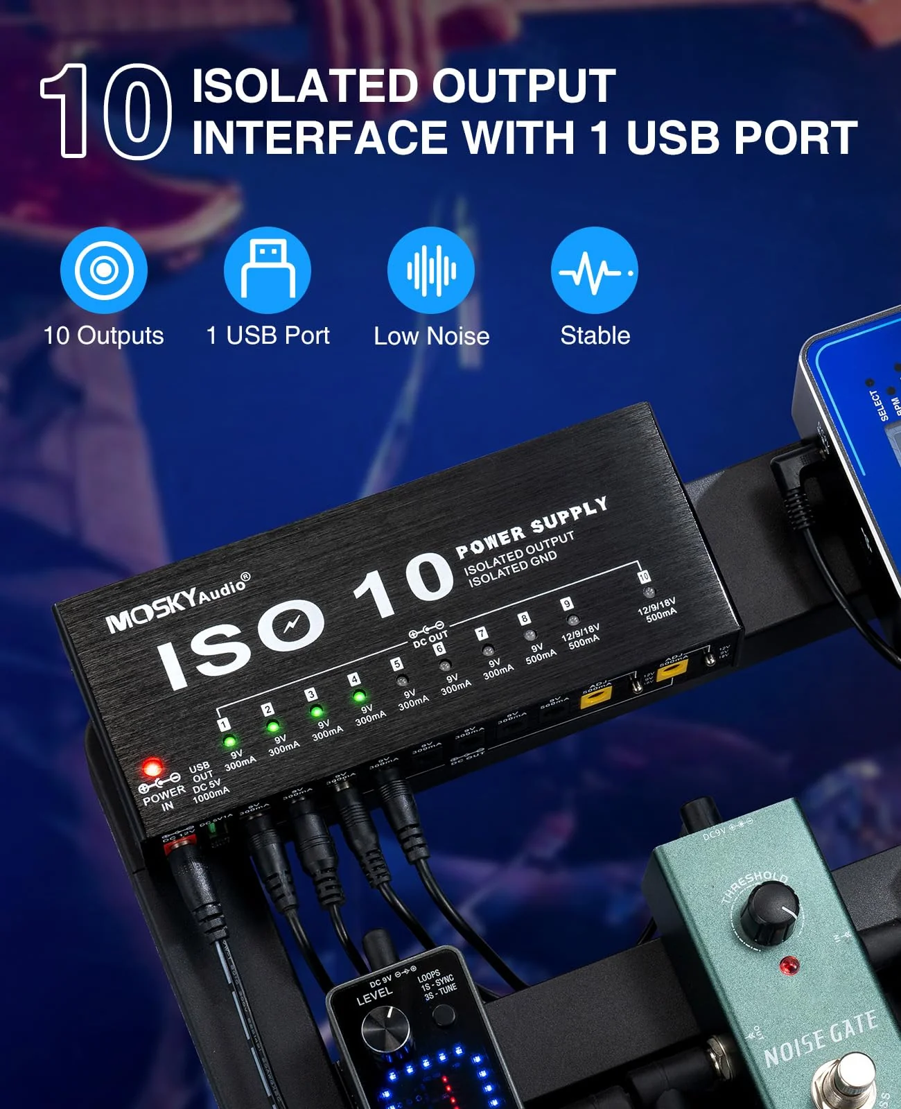 Mosky Guitar Pedal Power Supply 10 Isolated DC Output, 9V 12V 18V 300mA 500mA Effect Pedal Boards Power Supply with USB Port, Short Circuit Overcurrent Protection 1345 - Image 2