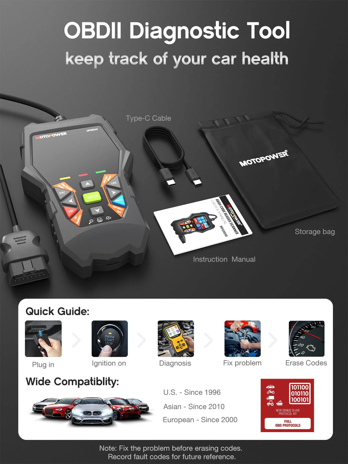 MOTOPOWER MP69040 Car OBD2 Scanner Check Engine Fault Code Reader Diagnostic Scan Tool, Black - Image 3