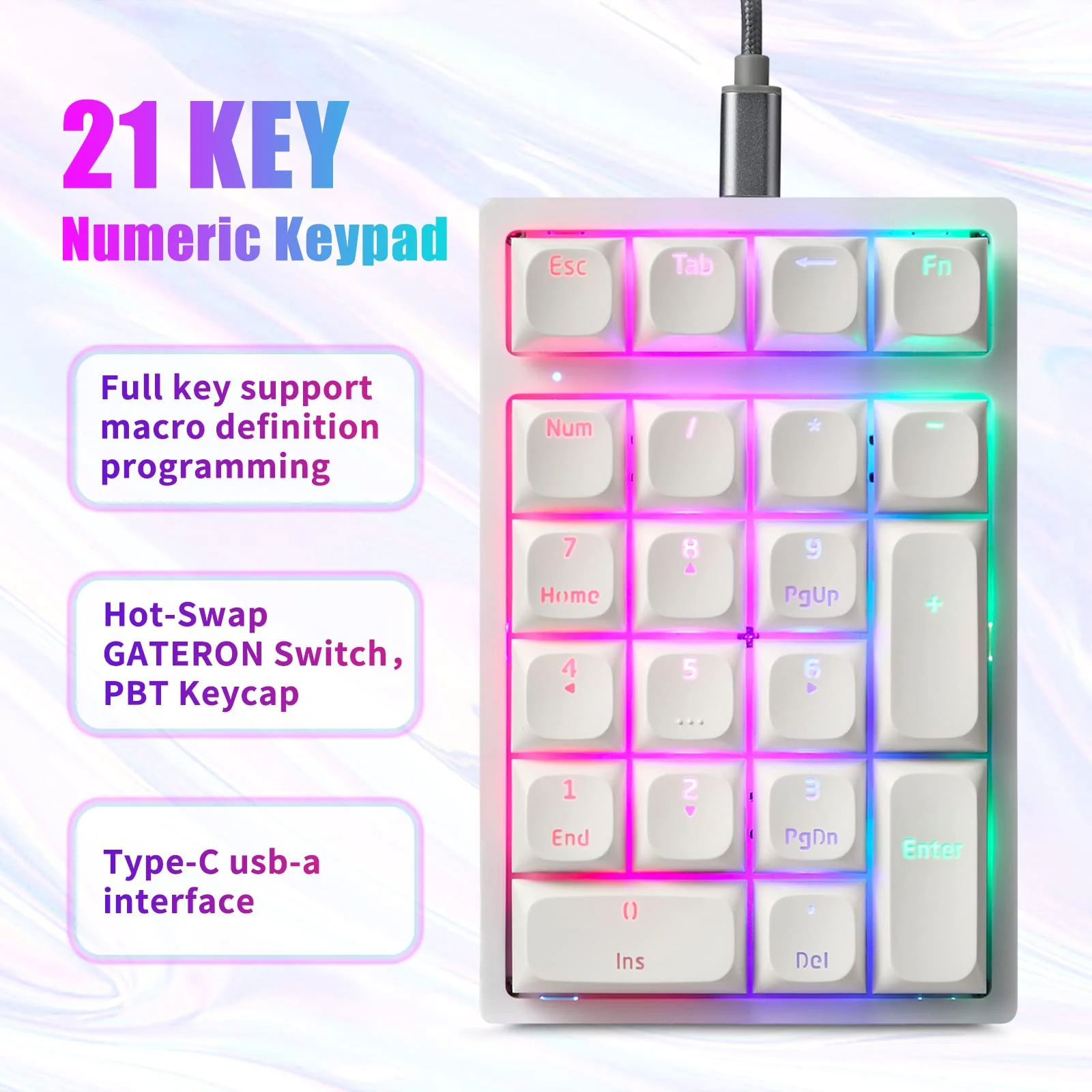 MOTOSPEED Mechanical Numeric Keypad Hot-Swap GATERON Switch Wired Gaming Keypad RGB Backlit PBT Keycap 21 Keys Mini Numpad Portable Keypad Extended Layout(Gateron Red) classic White red switch - Image 2