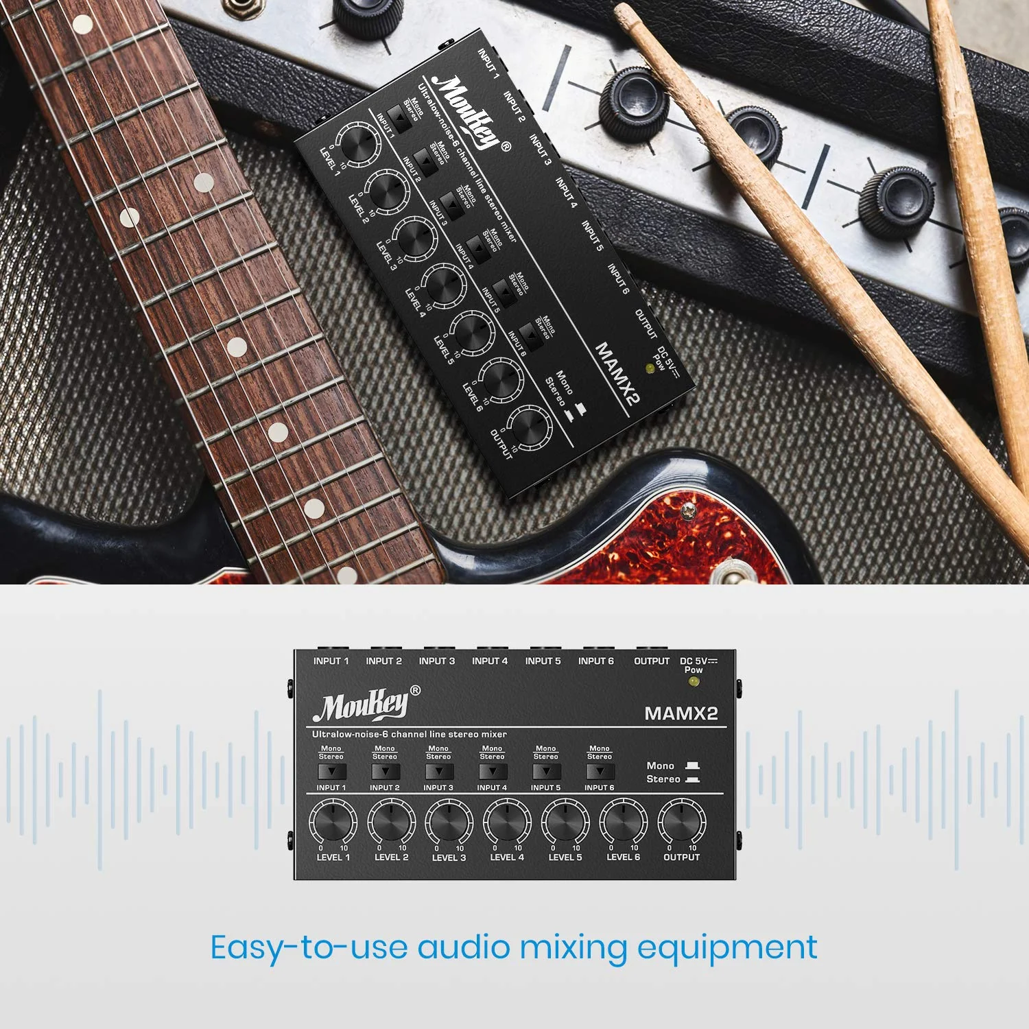 Moukey Audio Mixer, DC 5V, 6 Stereo Ultra, Low Noise 6 Channel Line Mixer for Sub-Mixing, for Small Clubs or Bars, As Guitars, Bass, Keyboards Mixer, MAMX2 Medium (6-channel) - Image 6