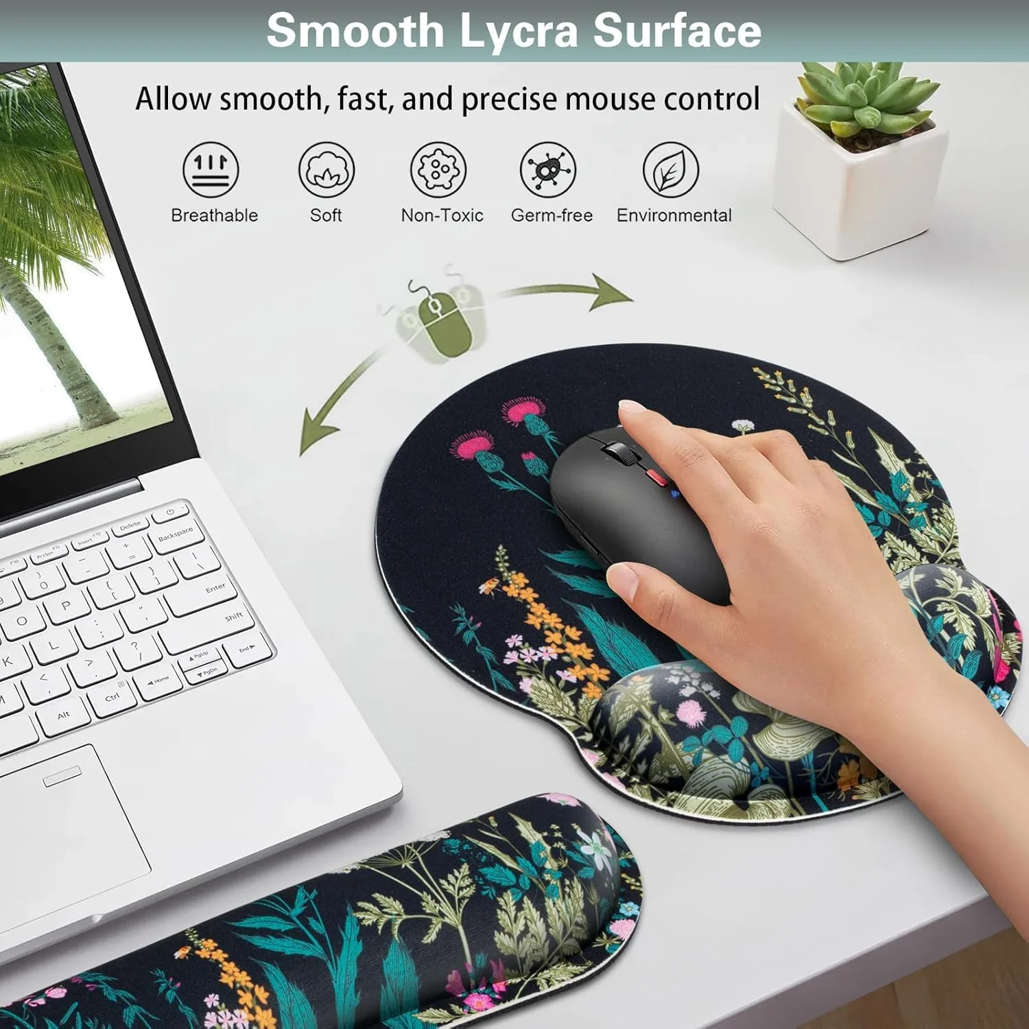 Mouse Pad with Wrist Rest Set,Qomolama 3-in-1 Wrist Support Mouse Pad Set,Gaming Mouse Pad with Anti-Skid Base,Ergonomic Mouse Pad,Memory Foam Keyboard Gel Wrist Rest Flowers & Plants - Image 3