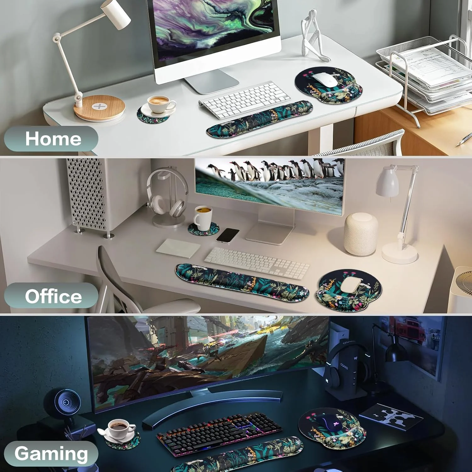 Mouse Pad with Wrist Rest Set,Qomolama 3-in-1 Wrist Support Mouse Pad Set,Gaming Mouse Pad with Anti-Skid Base,Ergonomic Mouse Pad,Memory Foam Keyboard Gel Wrist Rest Flowers & Plants - Image 7