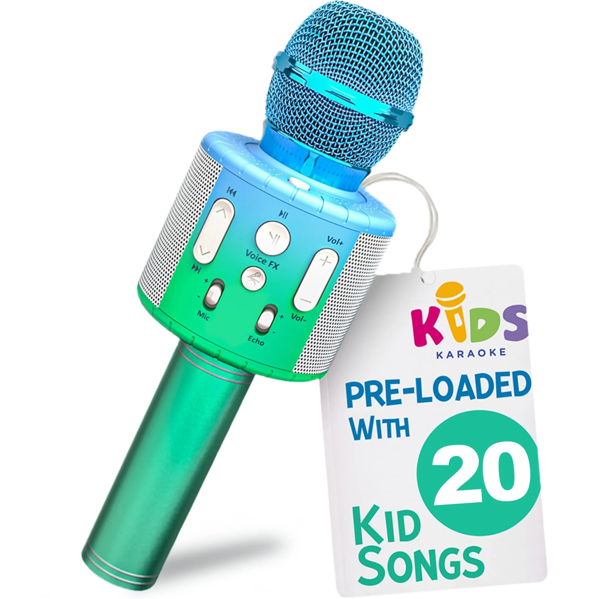 Move2Play, Kids Karaoke Microphone | Includes Pre-Loaded Songs & Bluetooth | Kids Birthday Party Gift | Toy for All Ages 2, 3, 4, 5, 6+ Year Old Girls, Boys & Toddlers Blue/Green