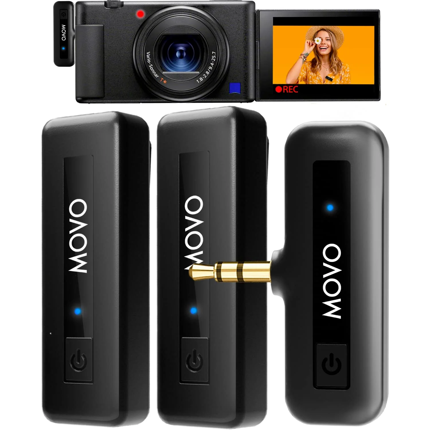 Movo Mini-Duo Wireless Microphones for Cameras, Wireless Camera Mini Mic - 3.5mm Lapel Microhone for Sony, Canon, and Nikon DSLR - 2.4Ghz Transmitter 2 Transmitters