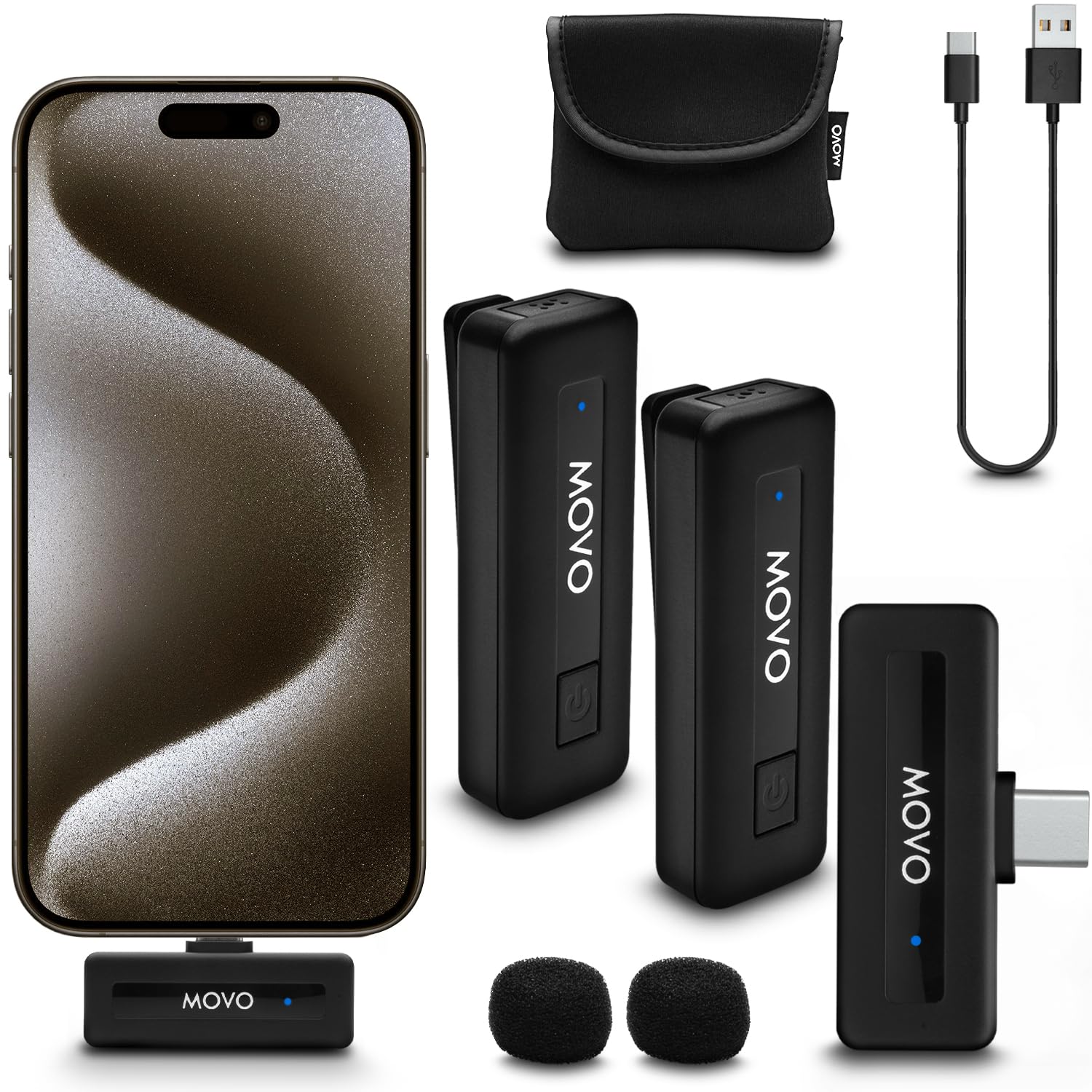 Movo Mini USB-C Duo Wireless Microphone for iPhone 15/16/17 and up - Ultracompact Microphone for iPhone 15/16/17 with Clip on Wireless Lavalier Mic 2 Transmitters