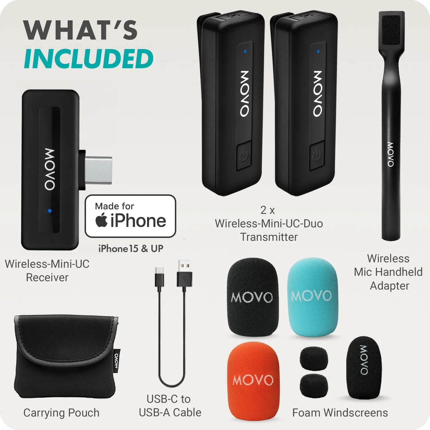 Movo Wireless Mini UC Duo Dual Ultra Compact Wireless Lavalier Microphones for iPhone 15/16/17 with Handheld Adapter - Lapel Mic with Handle Mount for Content Creators, Interviews, Reporting and More USB-C DUO - Image 7