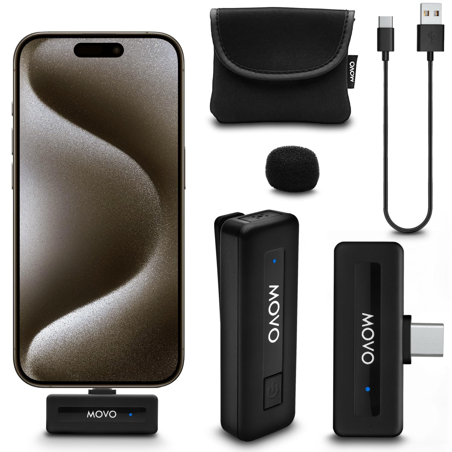 Movo Wireless Mini USB-C Wireless Microphone for iPhone 15/16/17 - Microphone Compatible with Pro Max - 10HR Battery Life, 164ft Range 1 Transmitter