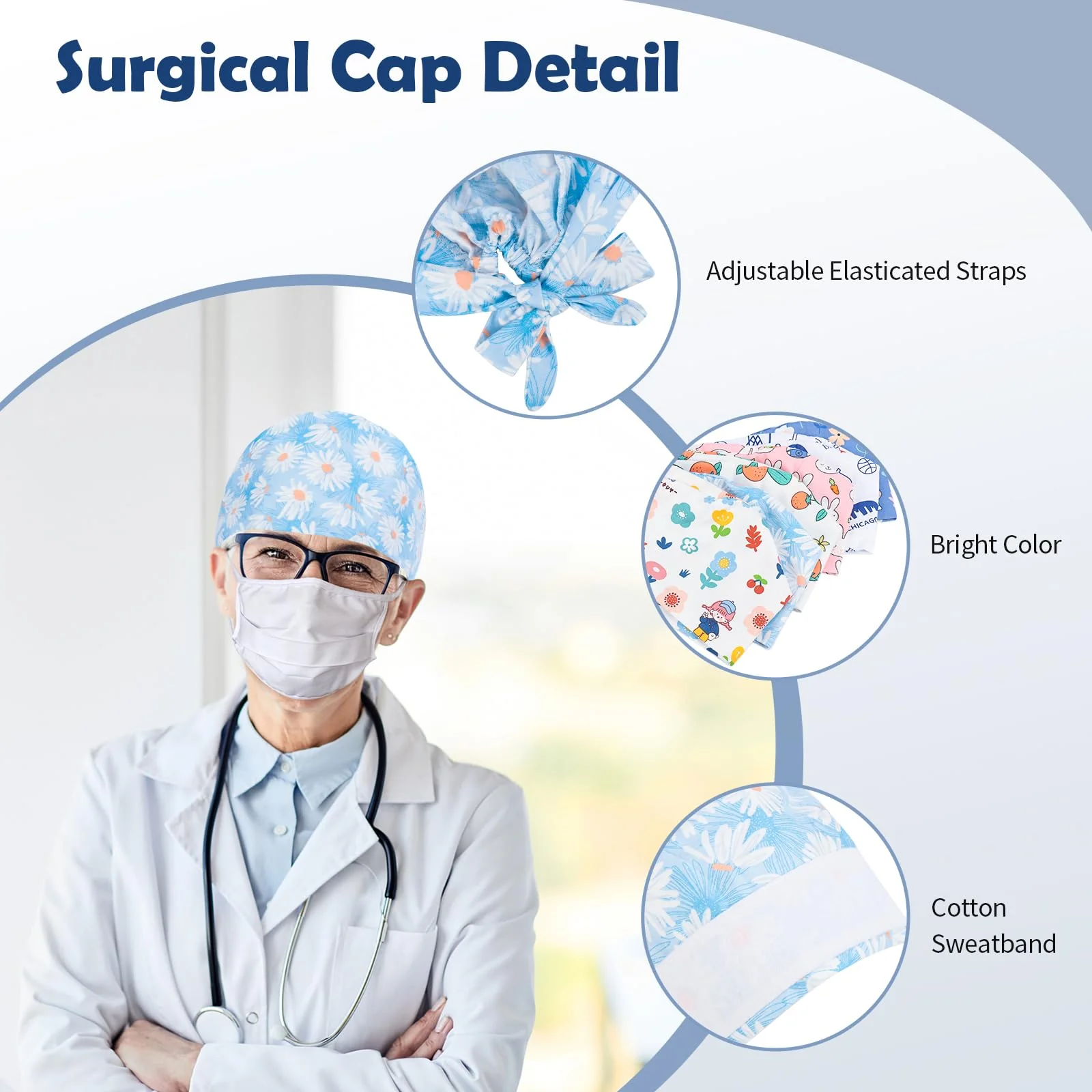Moxiewell Pack of 6 surgical caps with laces, scrubbing cap, printed hat with button and cotton sweatband, adjustable, full hair cover, unisex doctor cap, multicoloured, 53 - Image 6