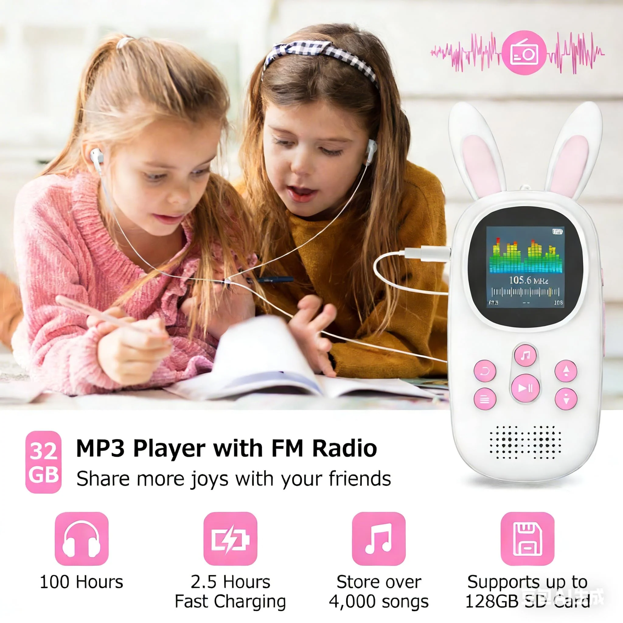 Mp3 Player for Kids, Cute Bunny Kids Mp3 Player with Bluetooth, 32GB Mp3 Players with Speaker, FM Radio, Recordings, Alarm, Pedometer, Stopwatch, Support up to 128GB - Image 5