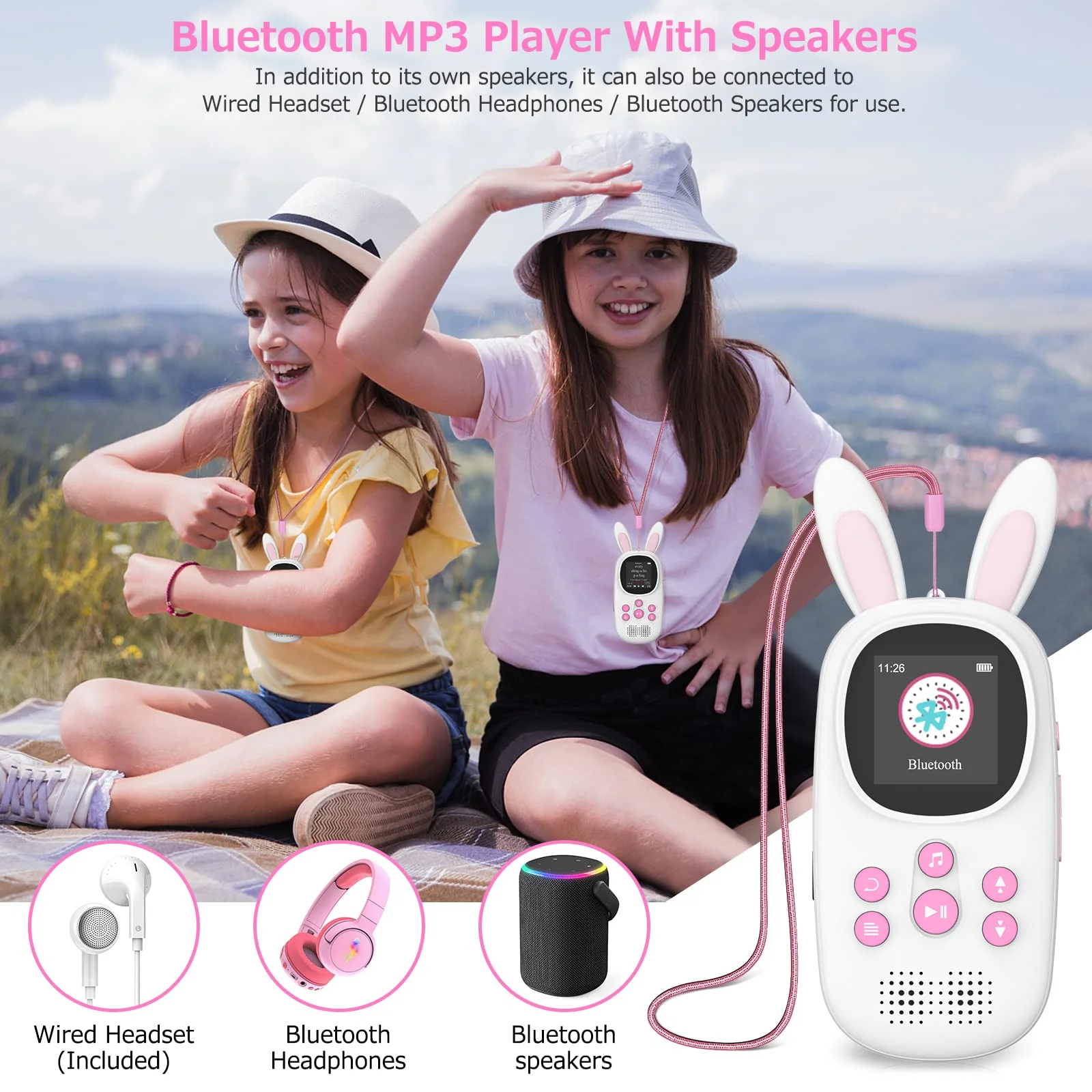 Mp3 Player for Kids, Cute Bunny Kids Mp3 Player with Bluetooth, 32GB Mp3 Players with Speaker, FM Radio, Recordings, Alarm, Pedometer, Stopwatch, Support up to 128GB - Image 6