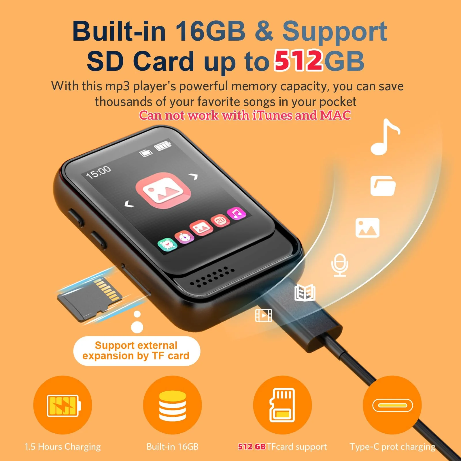 MP3 Player with Bluetooth 5.3,Portable Music Player with Speaker and Micro SD Card Slot MP3 Player with FM Radio,Video,Voice Recording,Earphone for Kids,Jogging and Gift,Max 512GB Expand 16GB - Image 2