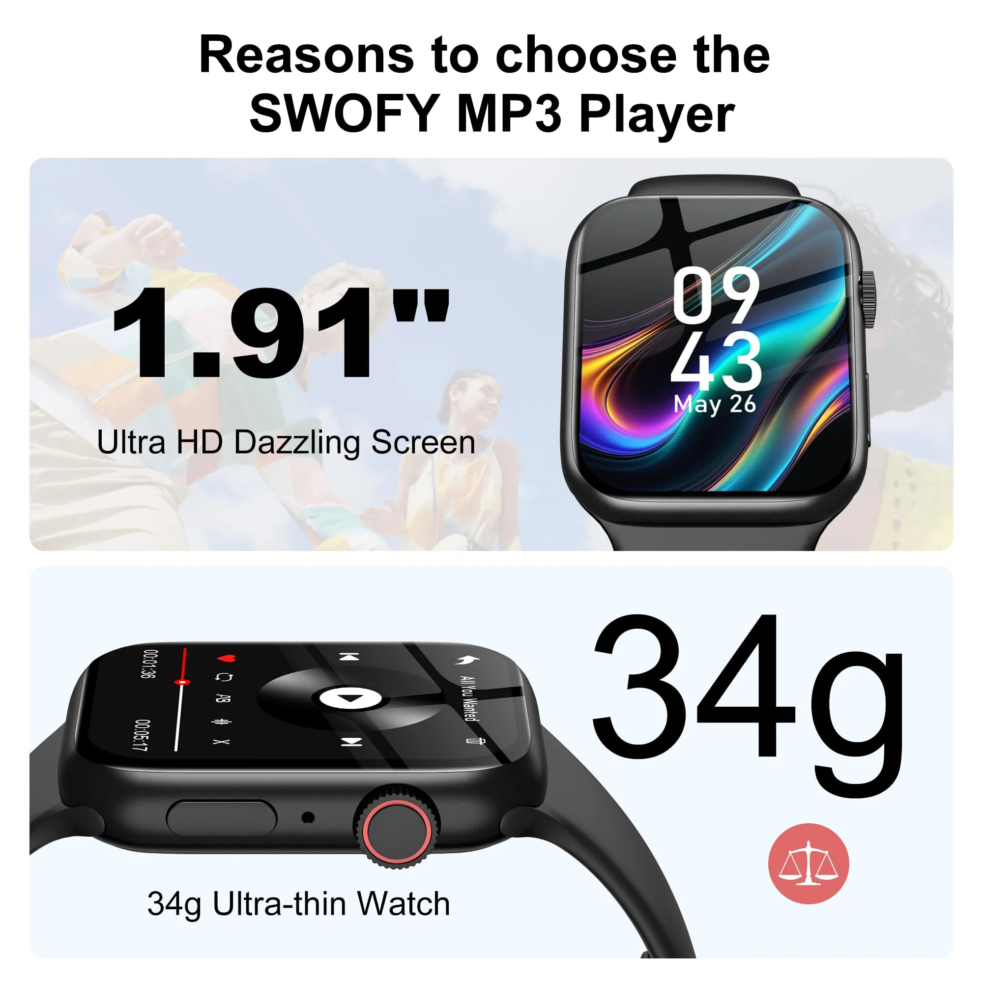 MP3 Player with Bluetooth 5.3 - SWOFY M2 32GB Touchscreen Music Player with Detachable Strap,Built-in Speaker,1.91'' IPS Display,Portable Sport MP3 Players for Running,Gym,Kids & Adults - Black - Image 3