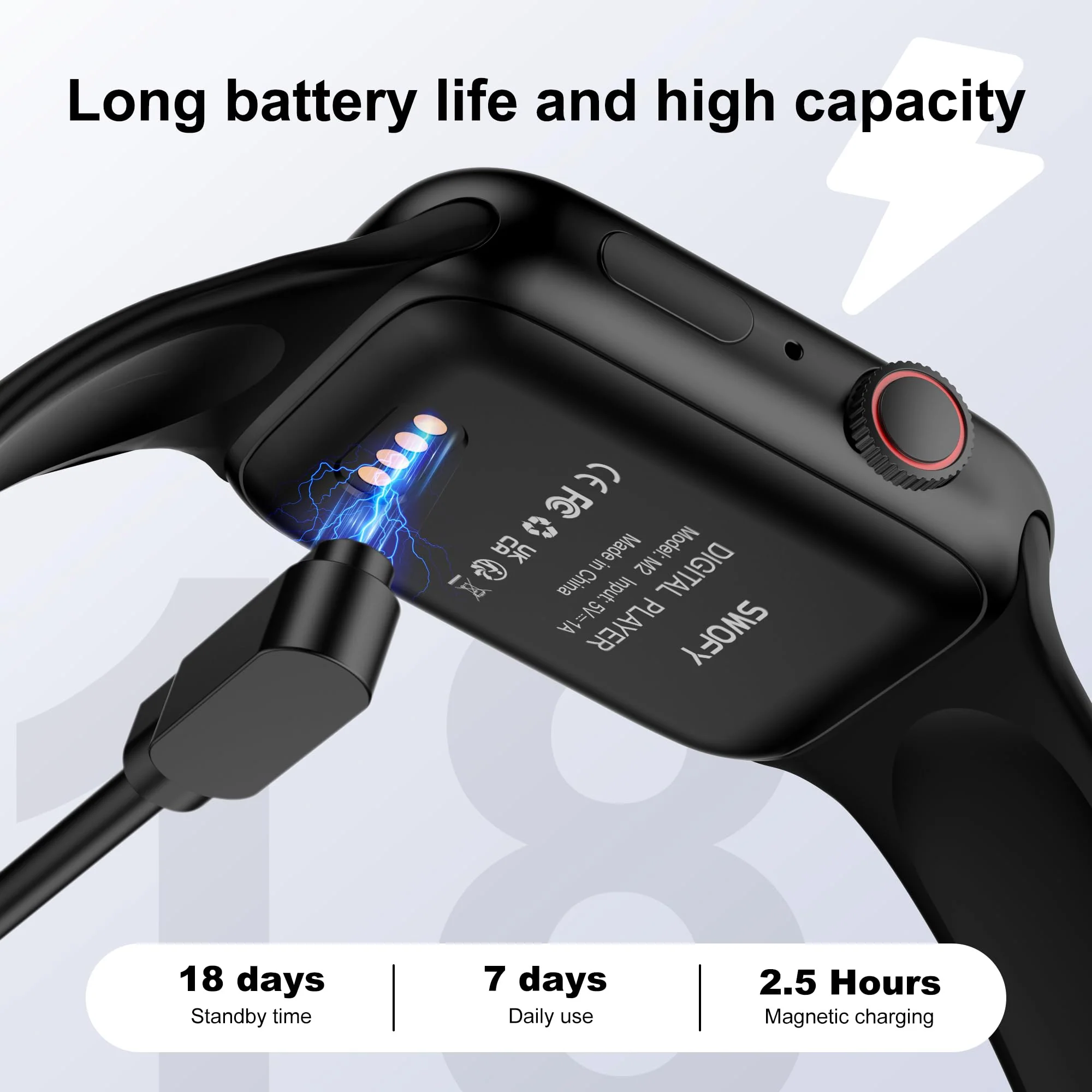 MP3 Player with Bluetooth 5.3 - SWOFY M2 32GB Touchscreen Music Player with Detachable Strap,Built-in Speaker,1.91'' IPS Display,Portable Sport MP3 Players for Running,Gym,Kids & Adults - Black - Image 4