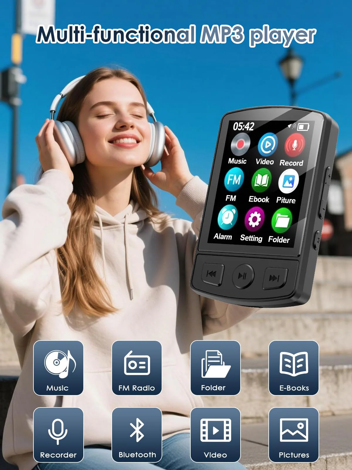 MP3 Player with Clip 64GB Mini MP3 Player with Bluetooth 5.2,Portable MP3 Music Player with Earphones,HiFi-Speaker,FM Radio,Voice Recorder,E-Book for Outdoor,Home,Sporting(Black) Black - Image 2