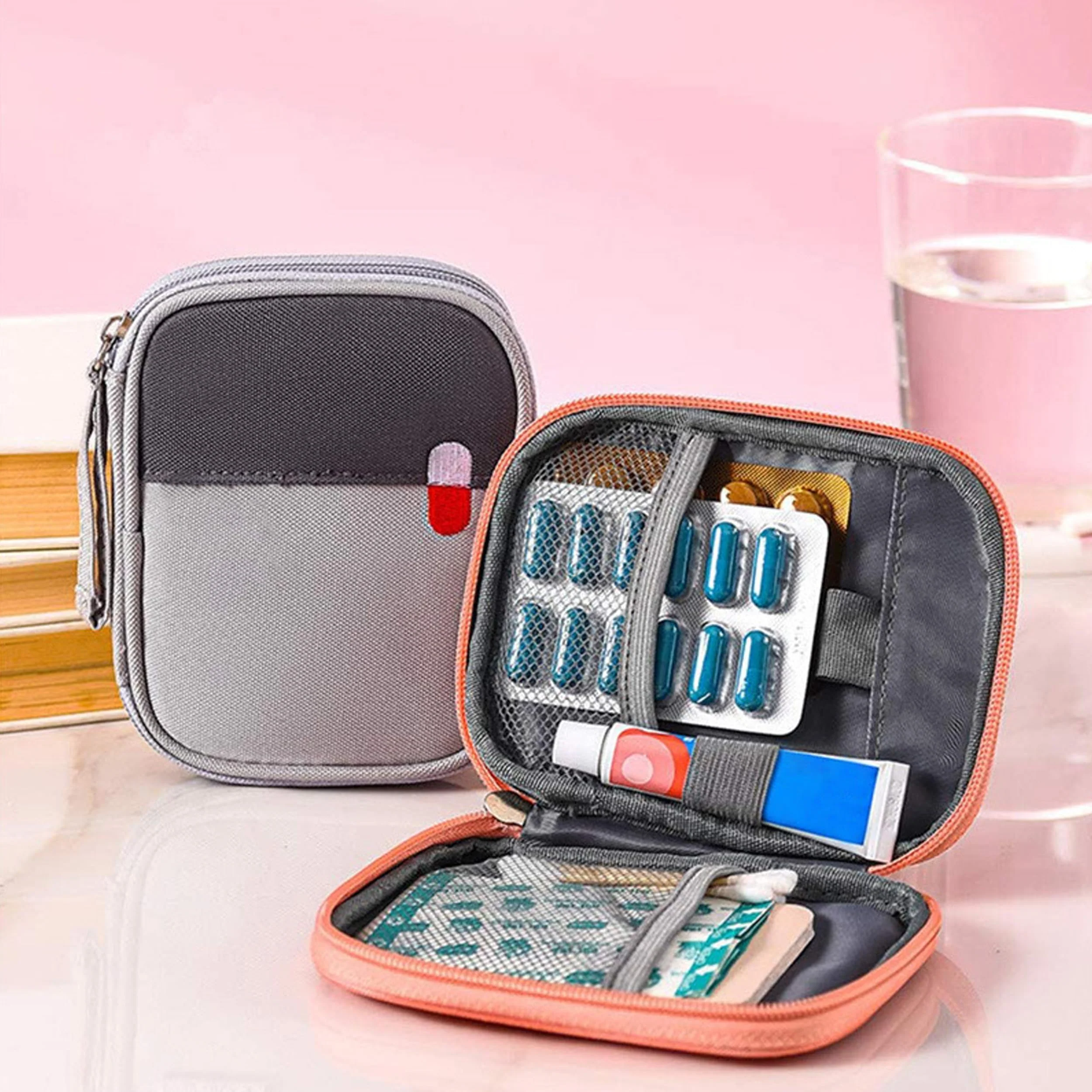 MQWDGJ Travel Pharmacy Bag, Pack of 2 Mini First Aid Bag, Empty, Medicine Bag, Waterproof Medicine Storage Bag, Emergency Bag, Empty for Home, Office, Travel, Outdoor (Grey Pink), Grey, Pink, Casual - Image 7