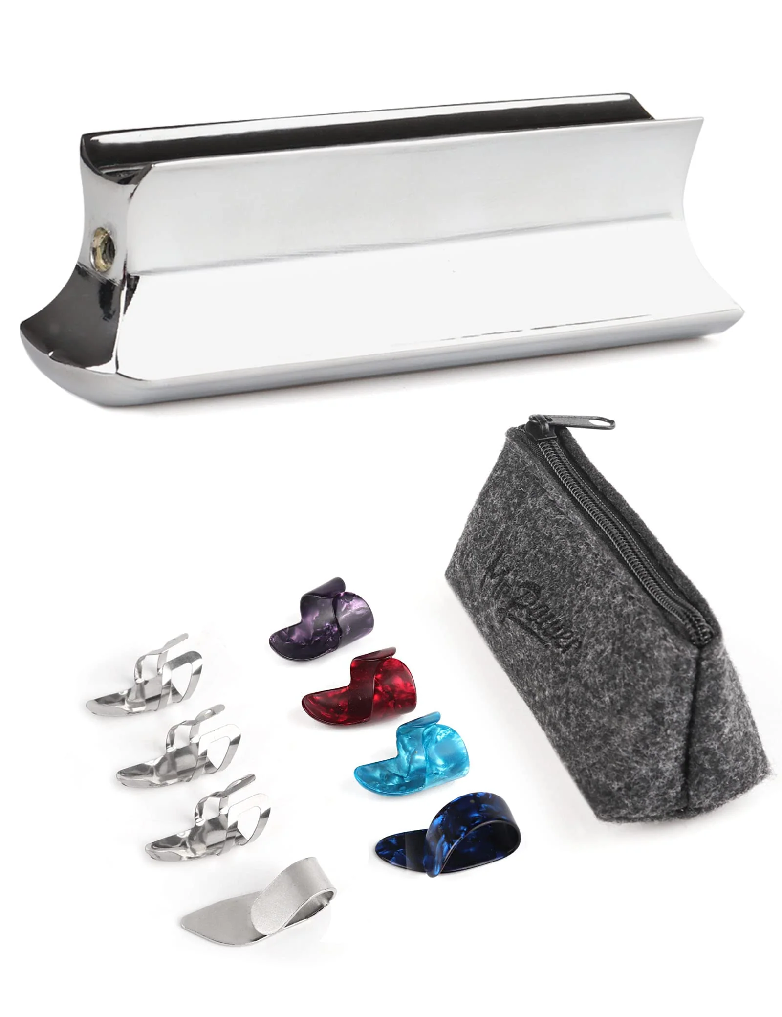 Mr.Power Guitar Slide Metal Steel Tone Bar for Dobro, Lap Steel Guitar, Hawaiian Guitar, Electric Guitar with Celluloid + Stainless Steel Metal Thumb & Finger Picks Plectrums + Bag arc-shaped silver