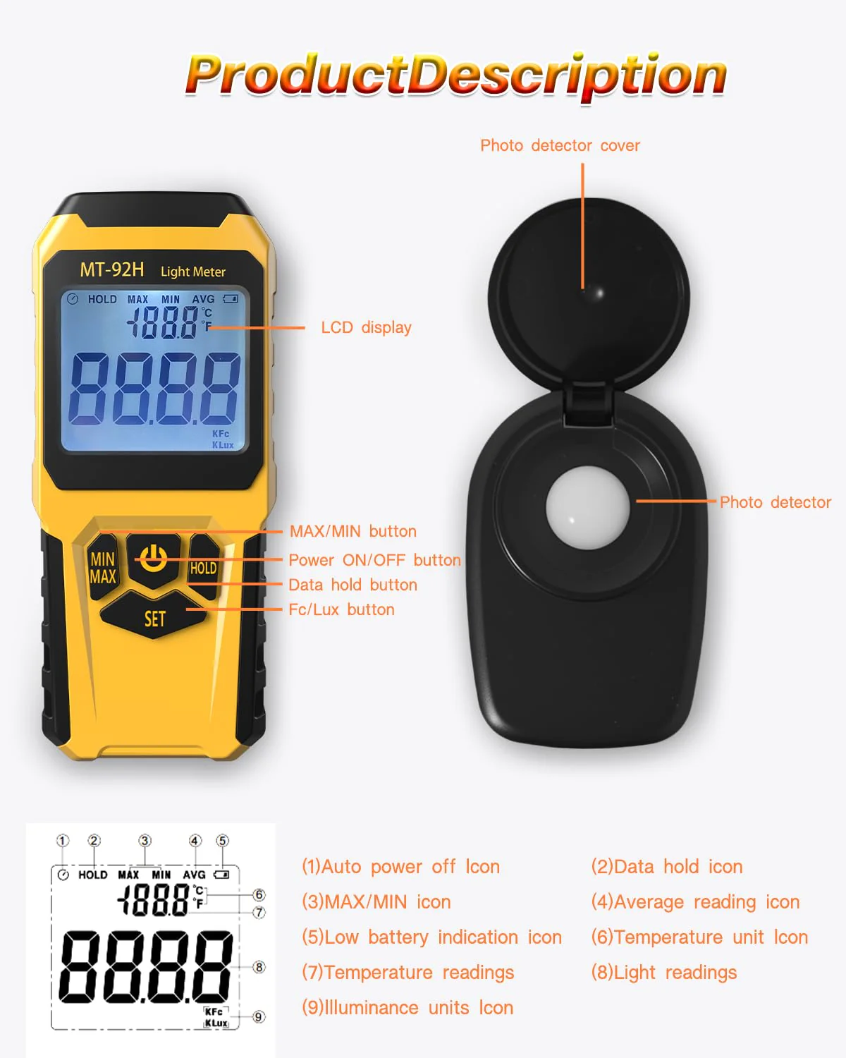 MT-92H Light Meter with Split Sensor Lux/Foot Candles Meter 500ms Refresh Rates Range up to 200,000 Lux Switchable Backlight Temperature Measurer 14℉-140℉ - Image 3