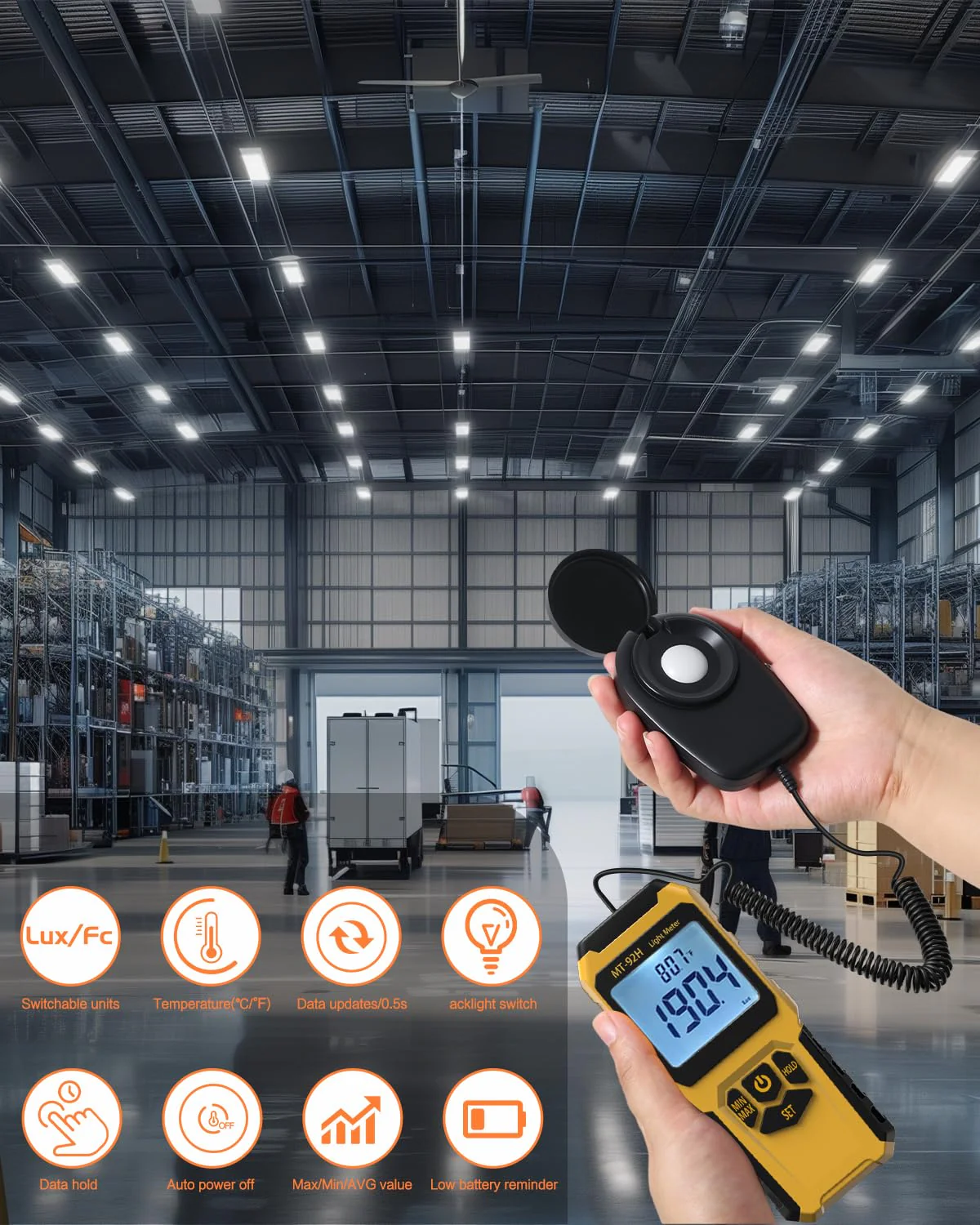MT-92H Light Meter with Split Sensor Lux/Foot Candles Meter 500ms Refresh Rates Range up to 200,000 Lux Switchable Backlight Temperature Measurer 14℉-140℉ - Image 5
