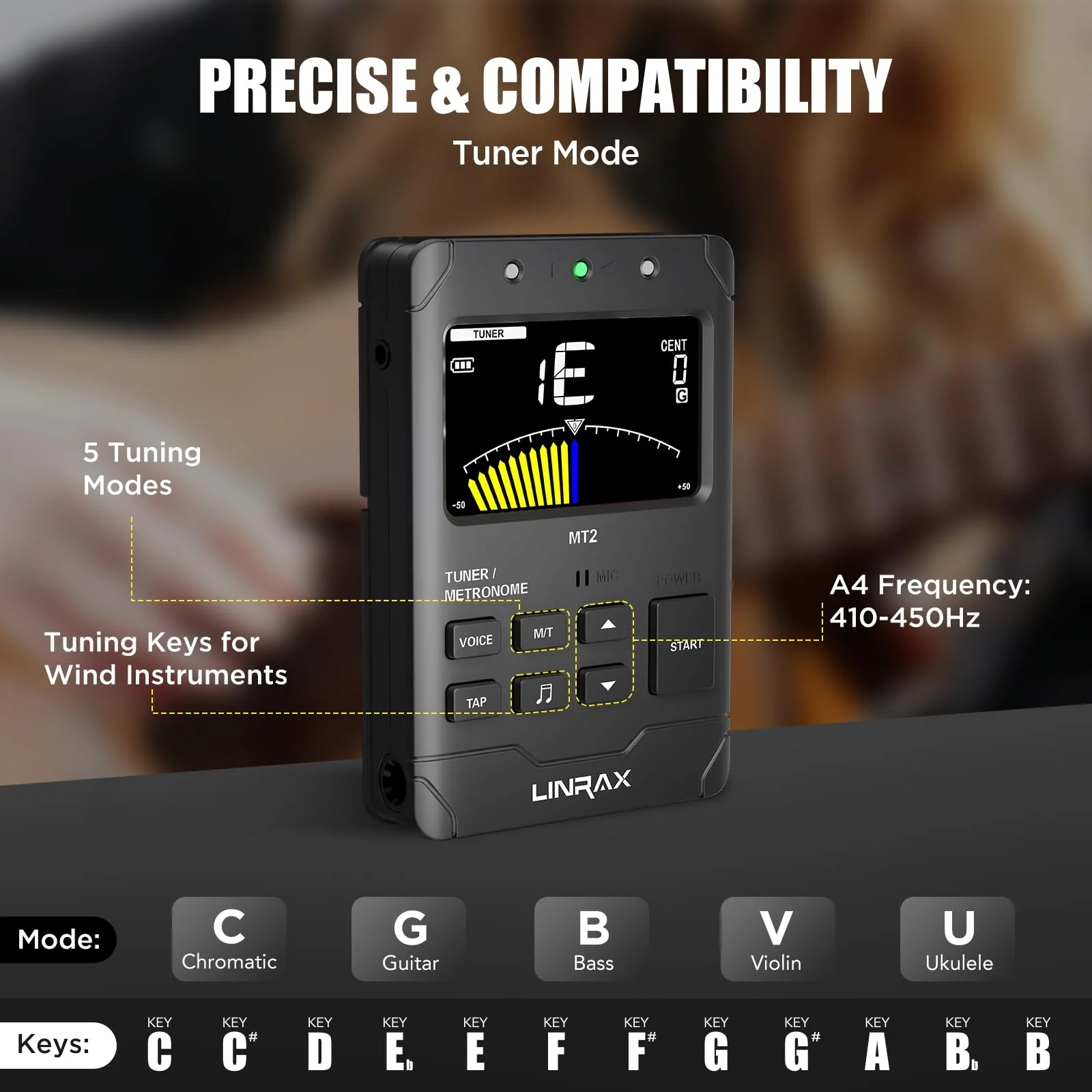 MT2 Rechargeable Metronome Tuner, 3 in 1 Digital Metronome Tuner Tone Generator for Guitar Bass Ukulele Violin Saxophone Trumpet Clarinet Flute, Voice Beat, Chromatic Tuner for All Instruments MT2 - Image 3