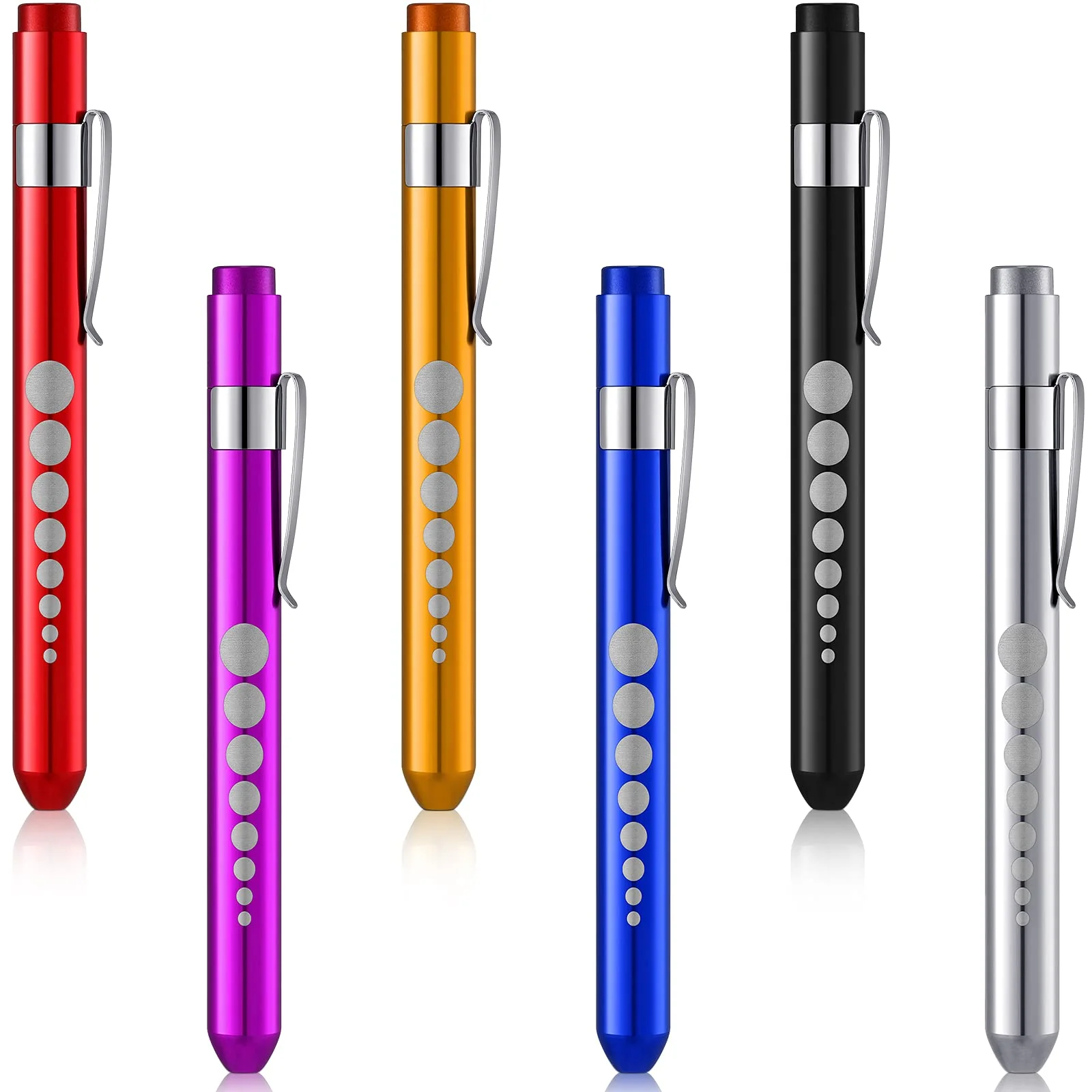 Mudder 6 Pieces Pen Light Included Batteries Reusable LED Penlight Pupil Gauge Warm Light Pen Reusable Penlights for Home Care Daily Care, (Black, Red, Blue, Purple, Gold and Silver)