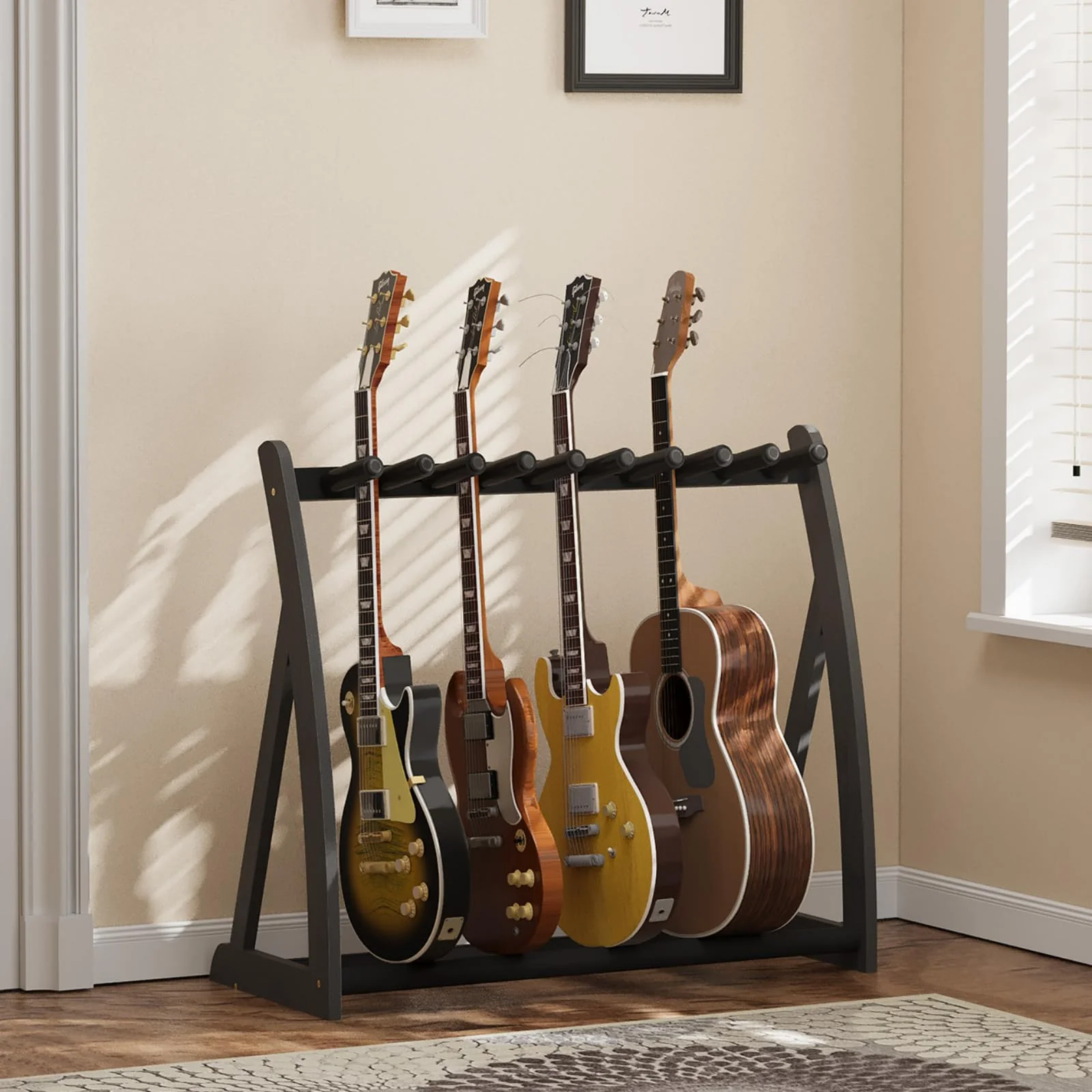 Multi Guitar Stand Heavy Duty - Wood Floor Stand for Electric Guitar and Bass, Adjustable Non-Slip Guitar Rack, Holds Multiple Guitars & Basses (Electric Guitar Stand, Bass Stand, Wood Guitar Stand) Black