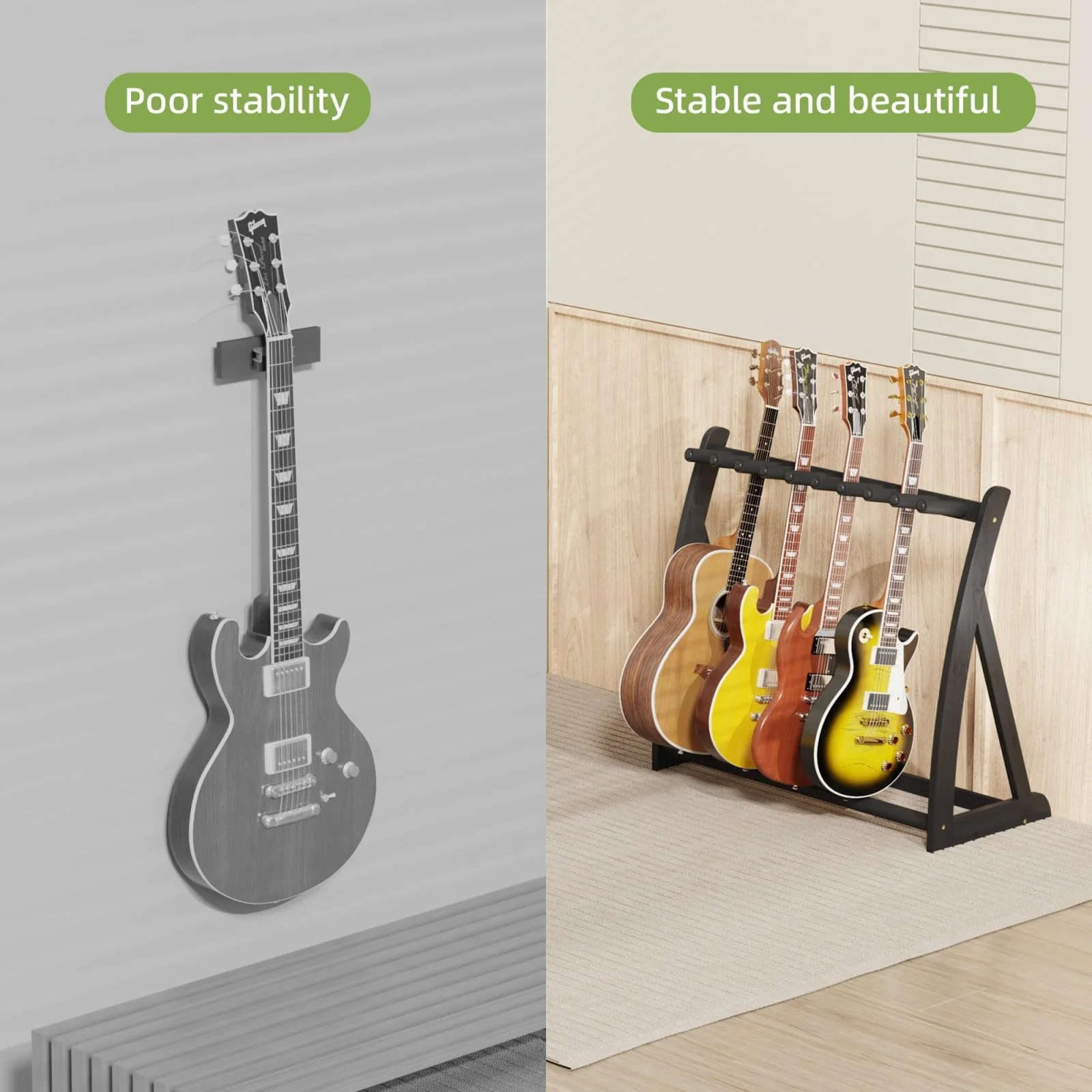 Multi Guitar Stand Heavy Duty - Wood Floor Stand for Electric Guitar and Bass, Adjustable Non-Slip Guitar Rack, Holds Multiple Guitars & Basses (Electric Guitar Stand, Bass Stand, Wood Guitar Stand) Black - Image 4
