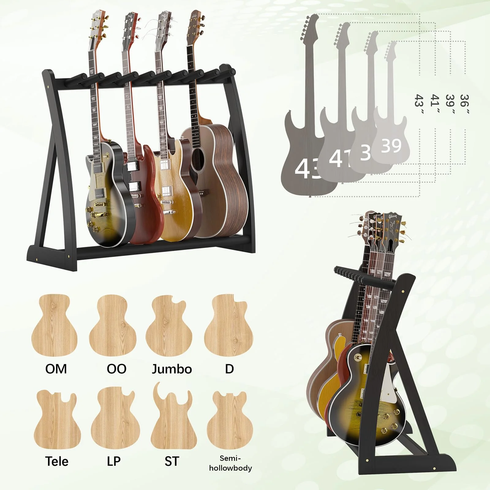 Multi Guitar Stand Heavy Duty - Wood Floor Stand for Electric Guitar and Bass, Adjustable Non-Slip Guitar Rack, Holds Multiple Guitars & Basses (Electric Guitar Stand, Bass Stand, Wood Guitar Stand) Black - Image 5