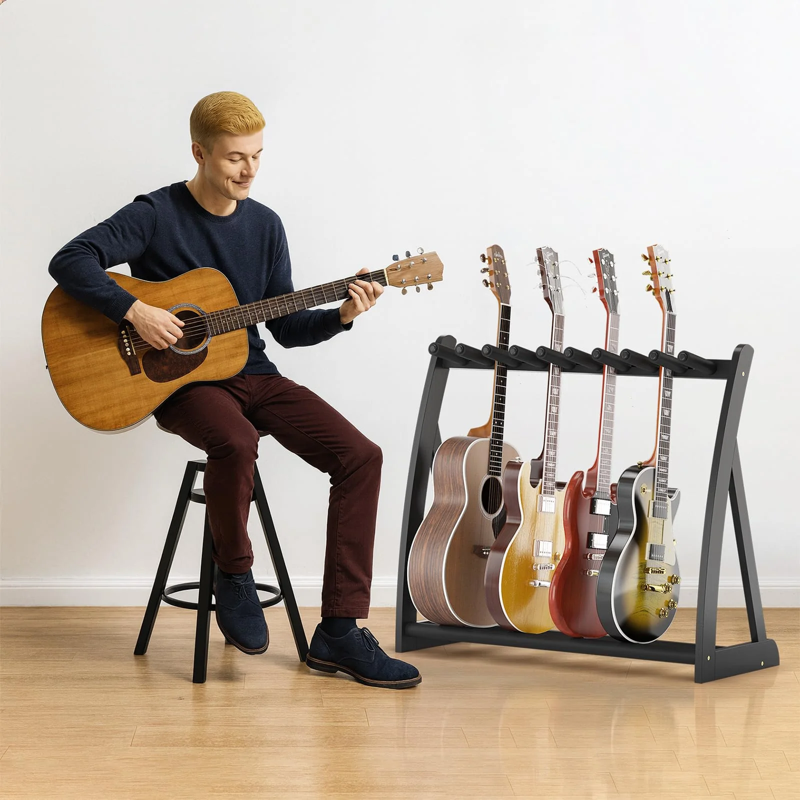 Multi Guitar Stand Heavy Duty - Wood Floor Stand for Electric Guitar and Bass, Adjustable Non-Slip Guitar Rack, Holds Multiple Guitars & Basses (Electric Guitar Stand, Bass Stand, Wood Guitar Stand) Black - Image 6