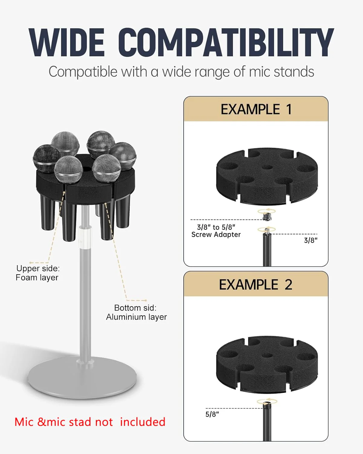Multi Microphone Holder【Aluminum/Upgraded】Multi Mic Holder Up to 6 Mics, Wired and Wireless mic Holder for Stand, Multiple Microphone Holder for storage Organizer & Display, w/ 3/8"-16 Threaded - Image 4
