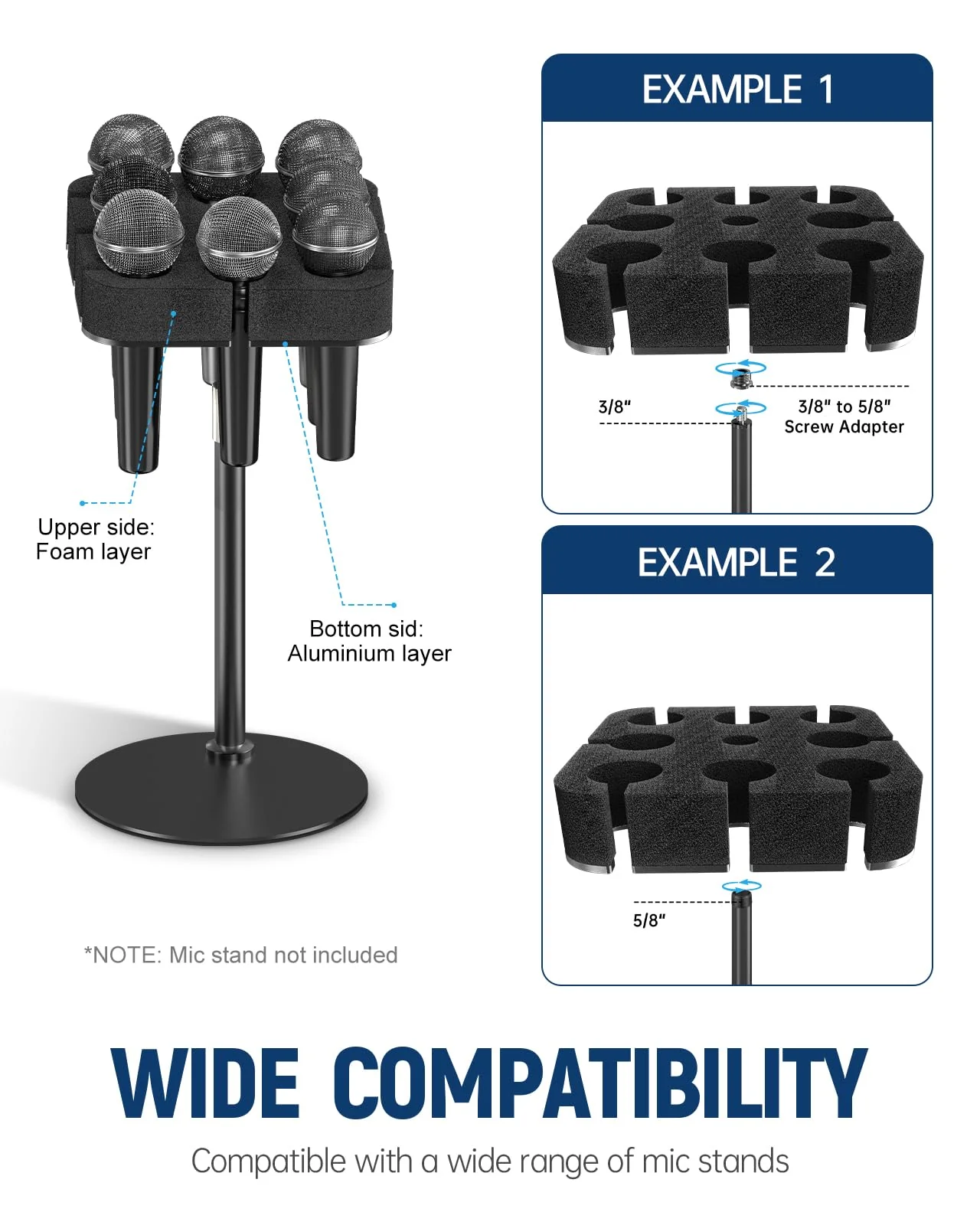 Multi Microphone Holder[Thickened aluminum/Customized] for Mic Stand holds up to 8 mics Multiple Mic Holder for Organizer & Display for and Wireless Mics Mounts to 5/8"-27 or 3/8"-16 Threaded Stands - Image 4