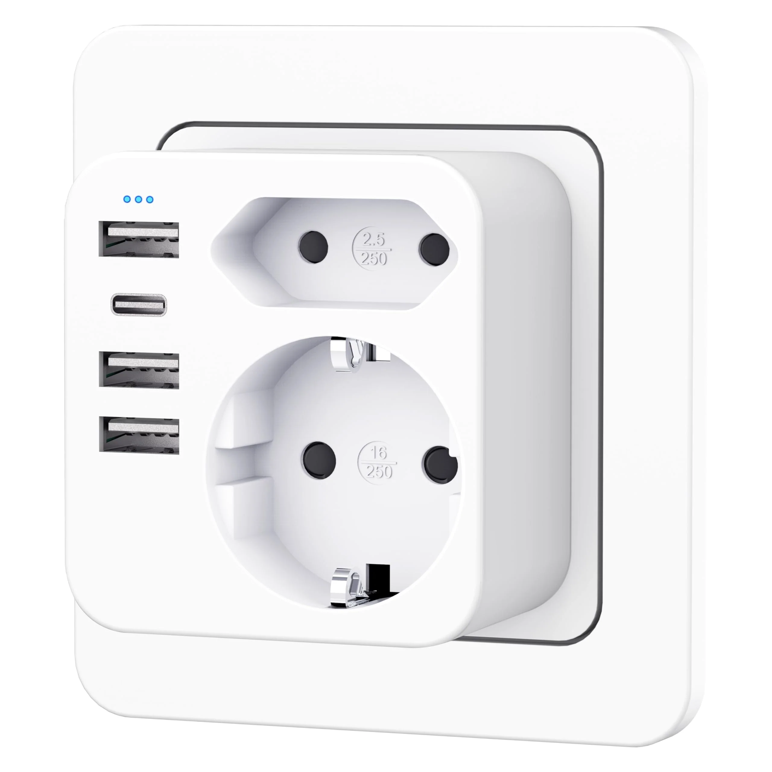 Multiple Socket with 4 USB Power Plugs, Double Plug for USB Socket, Multiple Plug for USB Socket and USB C Adapter, Wall Charger, Power Strip (White) White