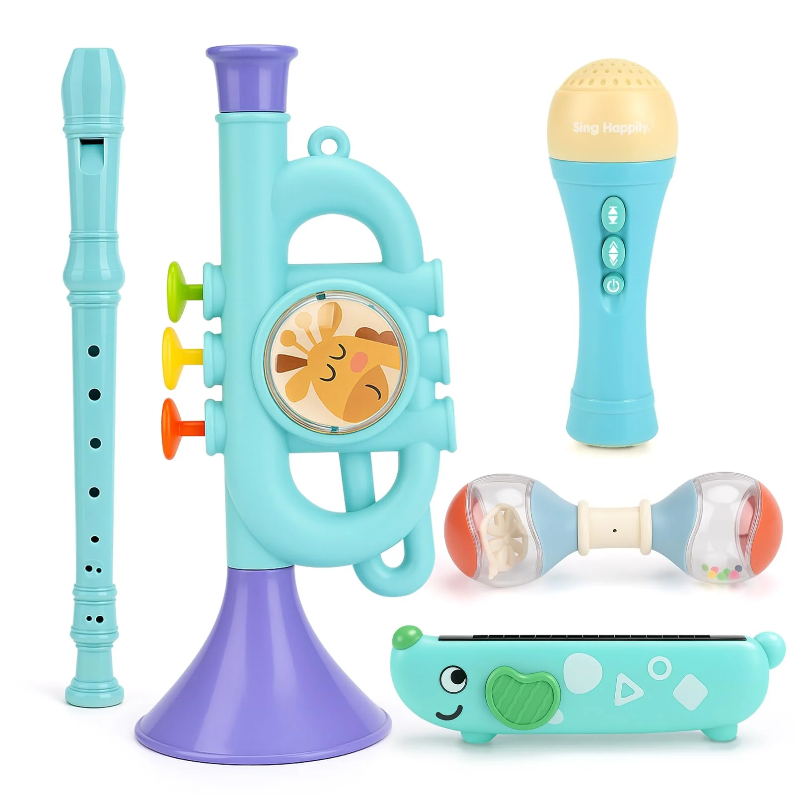 Musical Toys for 2 3 Year Old Boy Girl Birthday Gifts, 5 in 1 Montessori Musical Instruments for Toddlers 2-4 with Trumpet/Microphone/Flute/Harmonica, Preschool Learning Toys for Baby 18+ Months Plastic Set