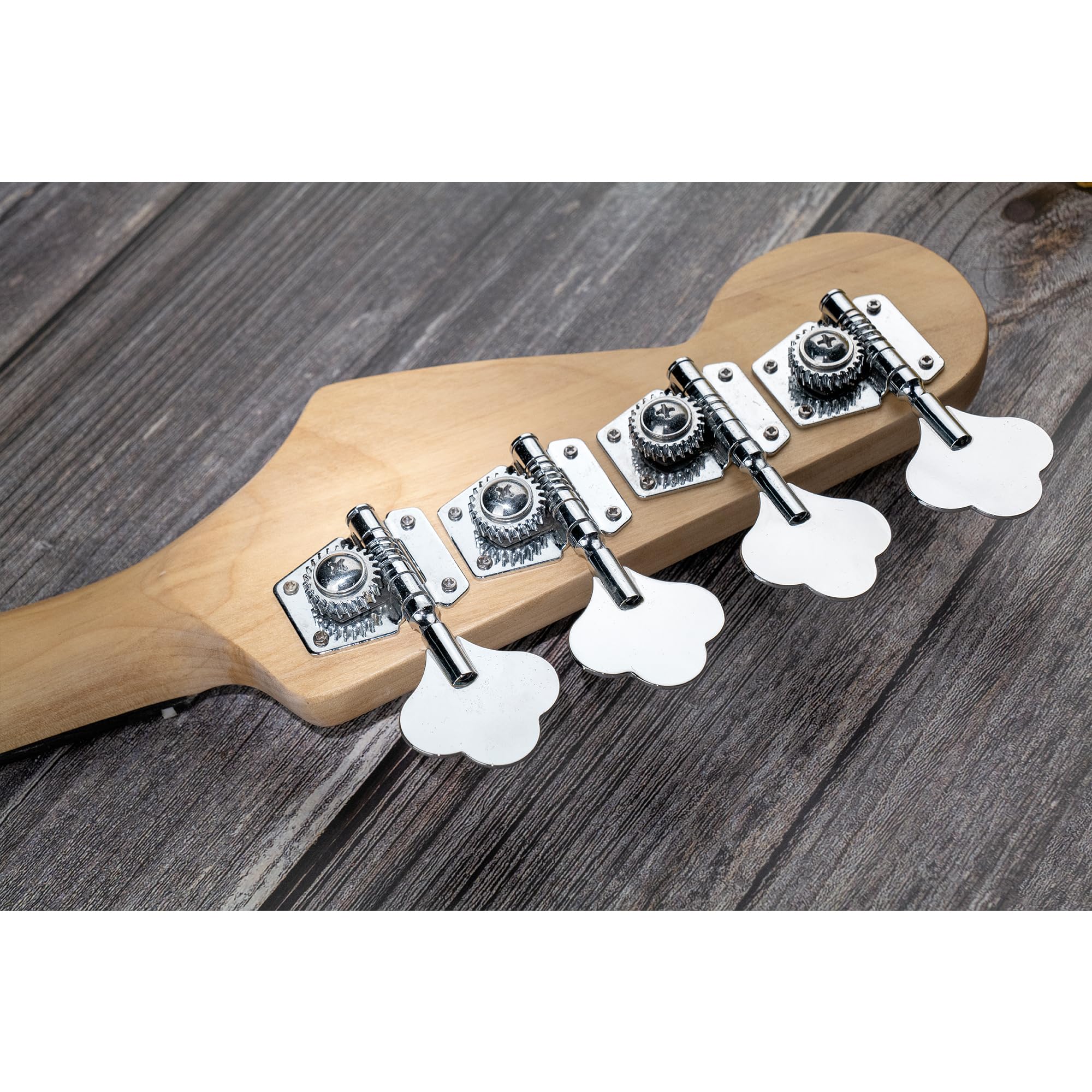 Musiclily Basic 4-in-line 24:1 Ratio Open Gear Machine Heads Tuners Tuning Pegs Keys with Clover Button for Electric Bass, Chrome 4R Chrome - Image 7