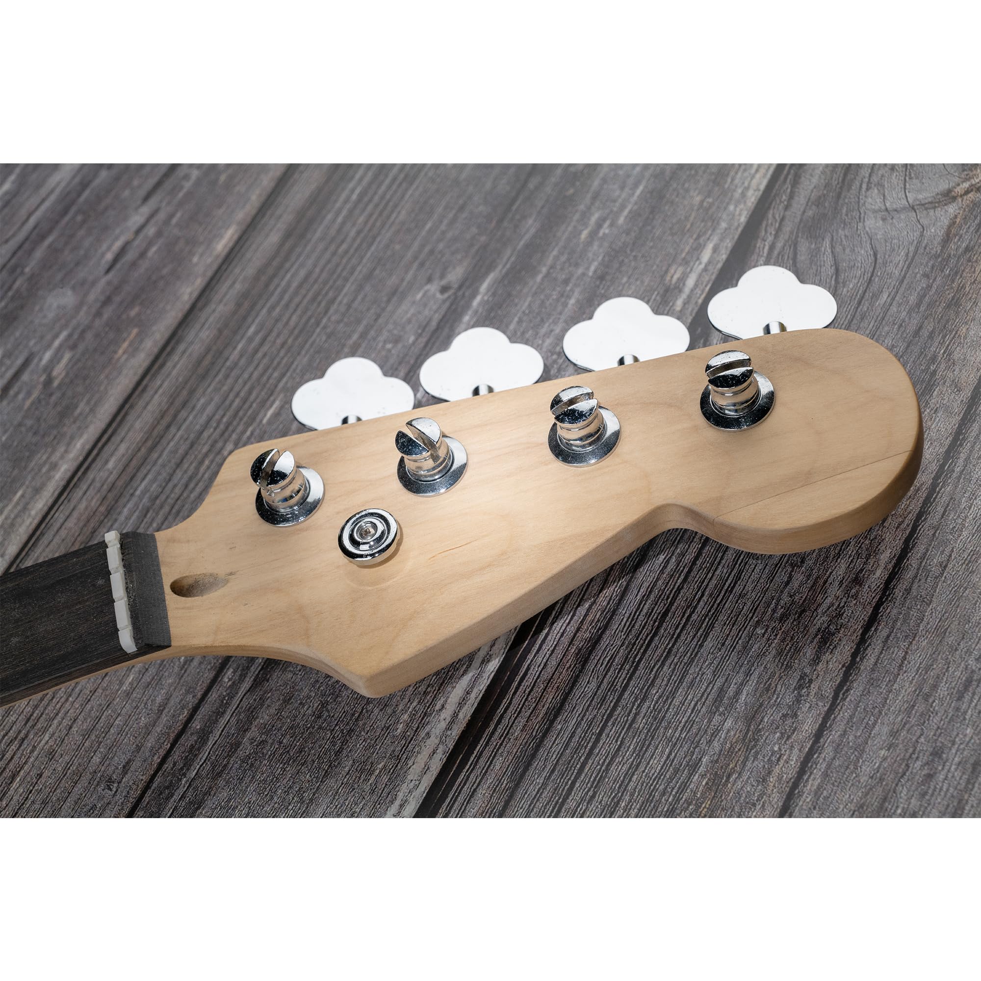 Musiclily Basic 4-in-line 24:1 Ratio Open Gear Machine Heads Tuners Tuning Pegs Keys with Clover Button for Electric Bass, Chrome 4R Chrome - Image 8