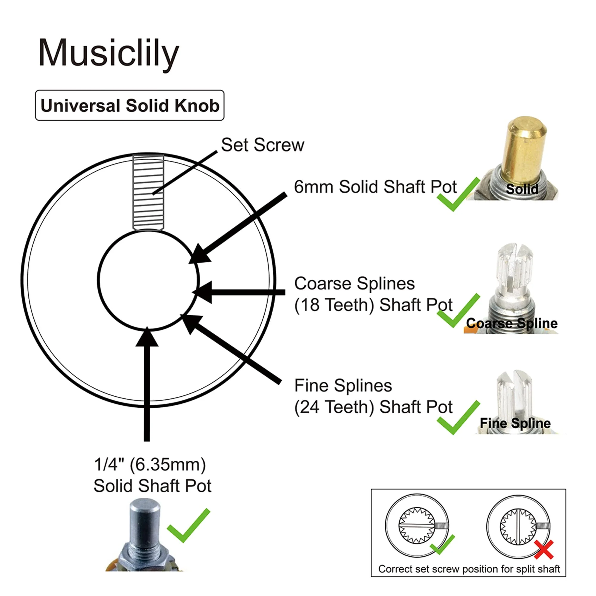 Musiclily Pro 1/4" Steel Fine Knurled Dome Knobs Universal Fitting Control Knobs with Set Screw and Indicator Dot for Electric Guitar or Bass, Chrome (Set of 2) - Image 3