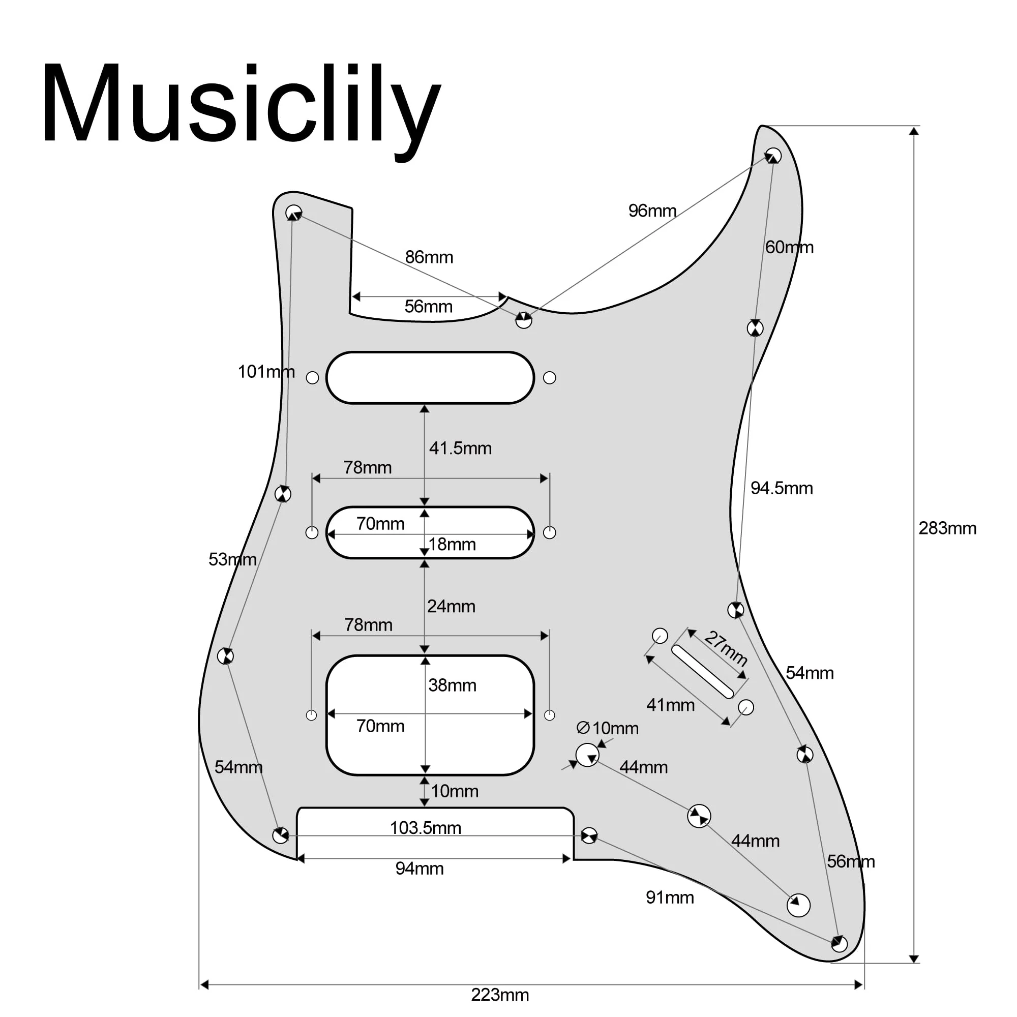 Musiclily Pro 11-Hole Round Corner HSS Guitar Strat Pickguard for American/Mexican Fender Stratocaster Open Pickup with Floyd Bridge Cut, 3Ply Black - Image 2